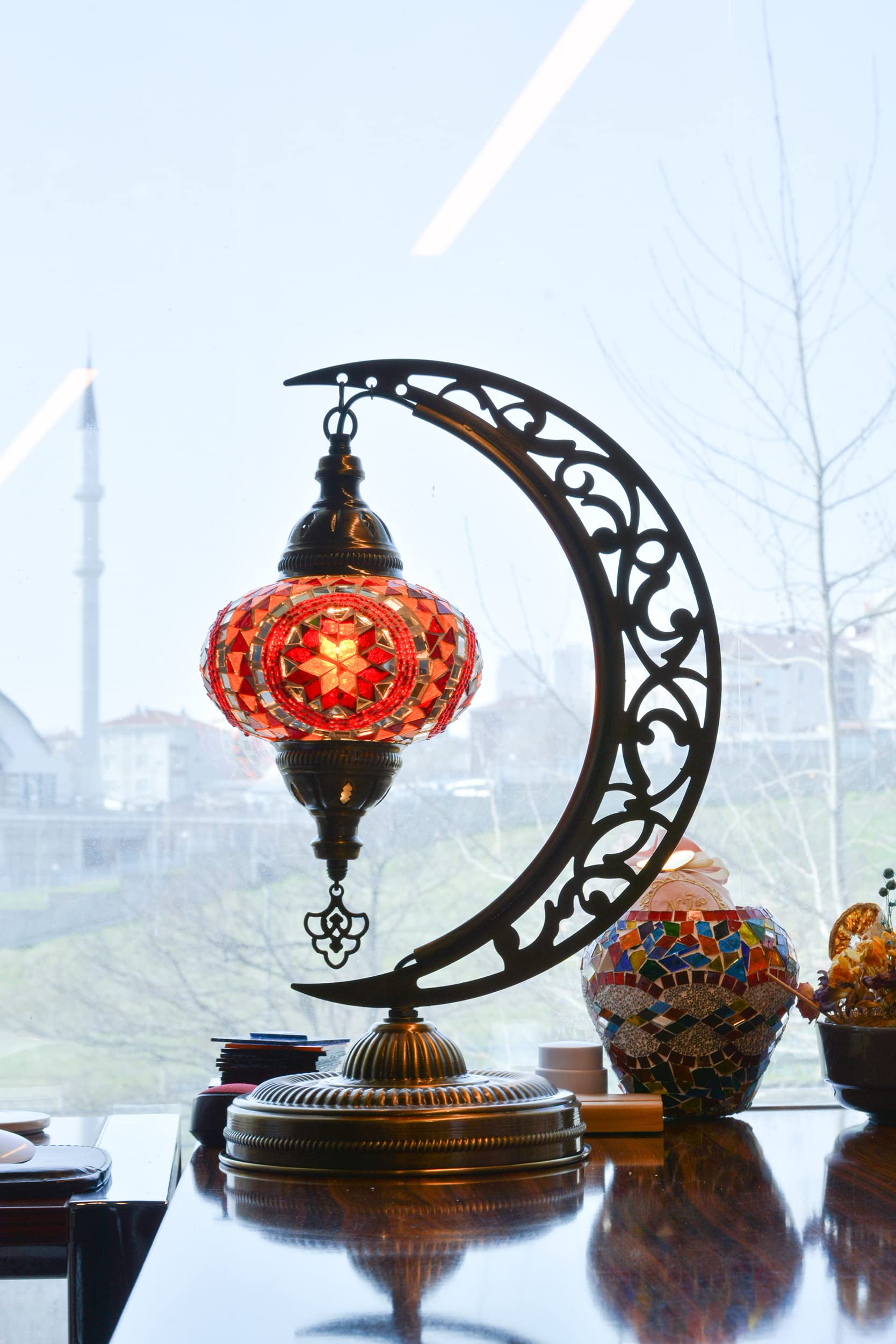 Handmade Turkish Mosaic Crescent Moon Table Lamp - Moroccan Boho Farmhouse Decor with E12 Socket & US Plug (Orange & Red) | Perfect for Bedroom Nightstand, Living Room Accent Lighting & Cozy Home Decor