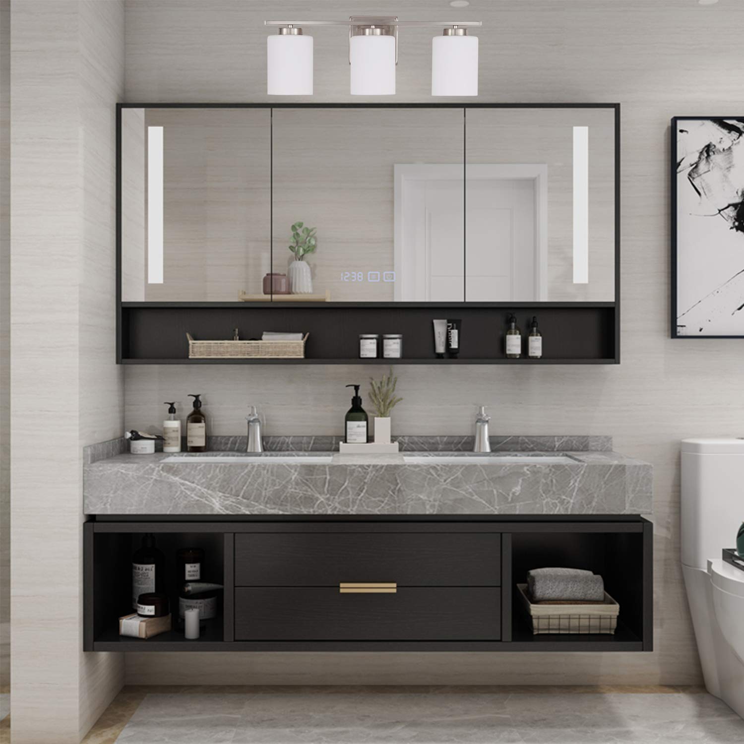 NEOUS 3-Light Brushed Nickel Bathroom Vanity Lighting Fixture with White Glass Shades - E26 Base for 60W Max Bulbs - Perfect for Modern Bathrooms, Powder Rooms and Dressing Areas