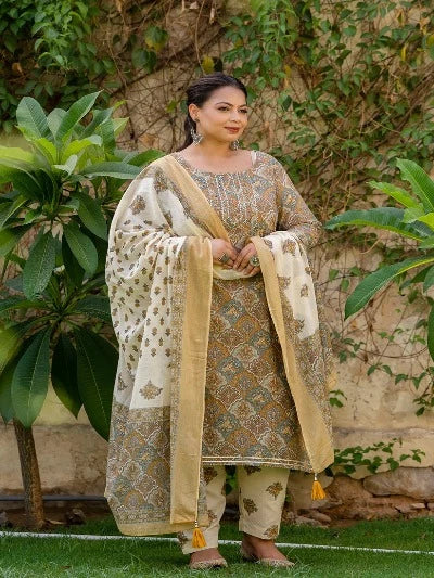 Plus Size Light Brown Cotton Printed Ready-Made Salwar Suit for Women | Comfortable Ethnic Wear for Festivals & Special Occasions