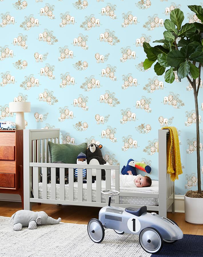 Foliage Lions Wallpaper by Tea Collection - Sky Blue Nature-Inspired Design - Perfect for Nursery, Kids Room & Home Decor