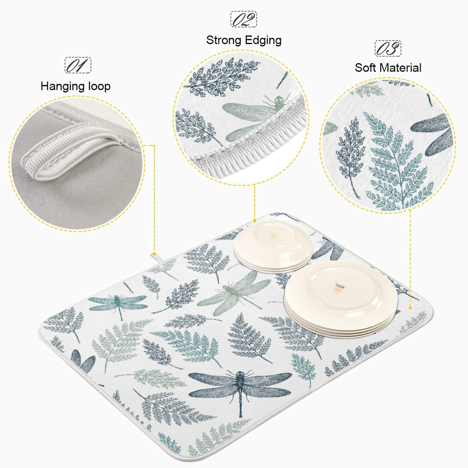 Susiyo Super Absorbent Microfiber Dish Drying Mat - 18x24 Inch Heat-Resistant Kitchen Counter Mat with Fern & Dragonfly Design | Perfect for Drying Dishes, Protecting Countertops & Decorating Your Kitchen