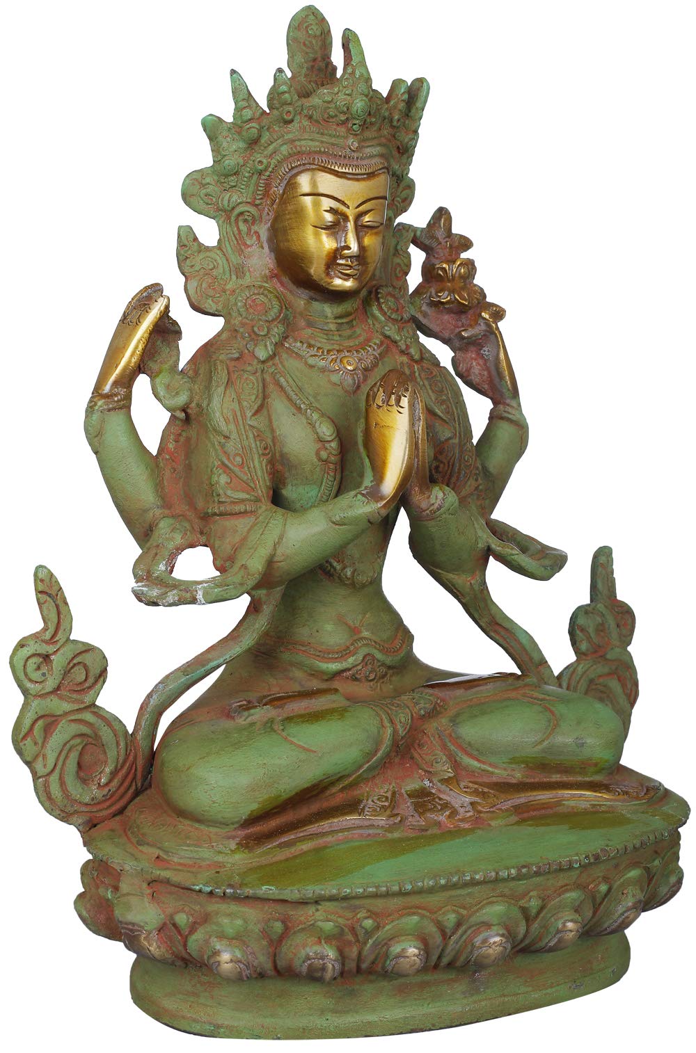 Exotic India Chenrezig (Shadakshari Lokeshvara) Tibetan Deity Brass Statue - Gold Patina Finish - Buddhist Altar Decor, Meditation Room Centerpiece, Spiritual Gift for Home & Office