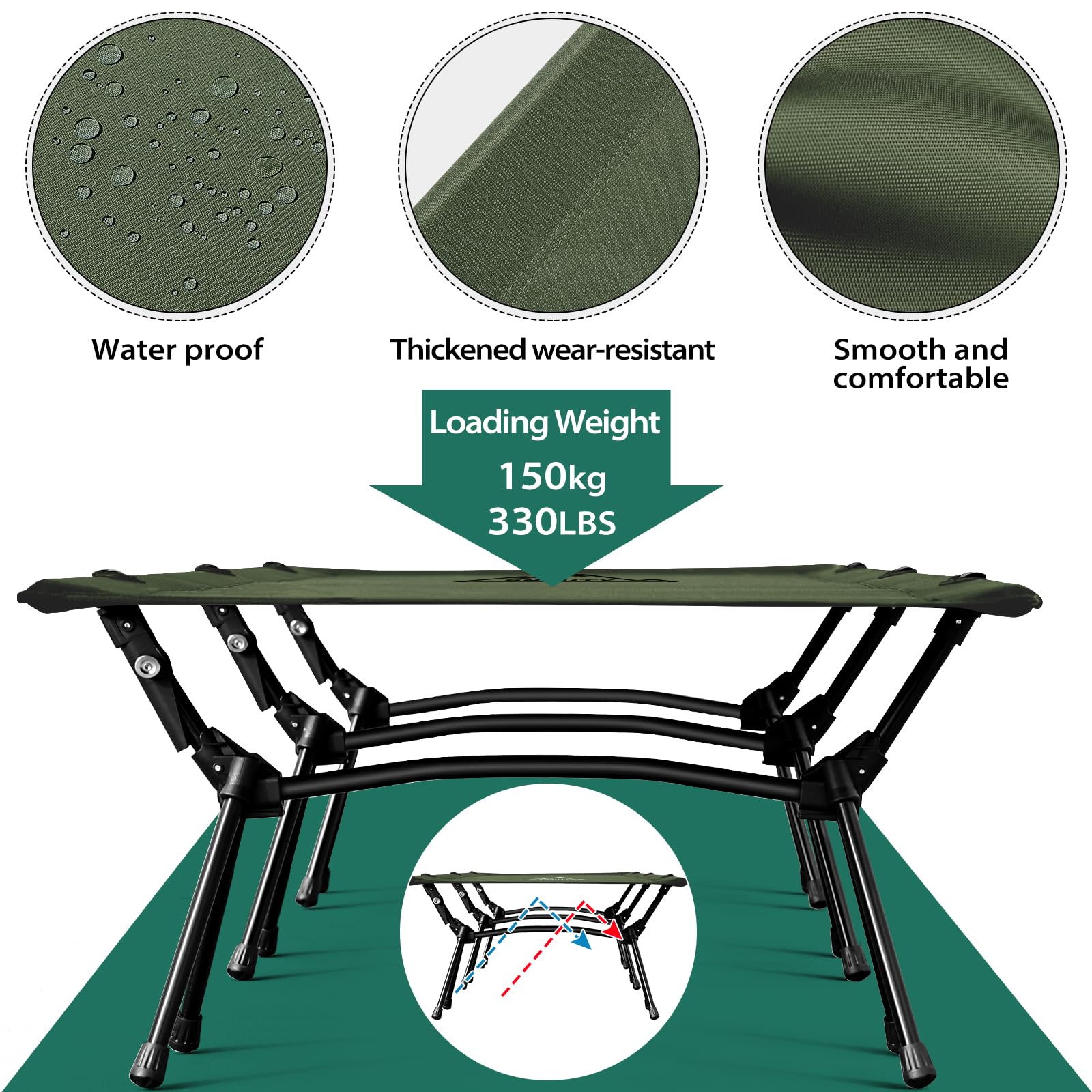 Ultralight Portable Folding Camping Cot for Adults - Compact Backpacking Tent Cot with Leg Extenders - Perfect for Outdoor Camping, Hiking, Backpacking & Travel (Green)
