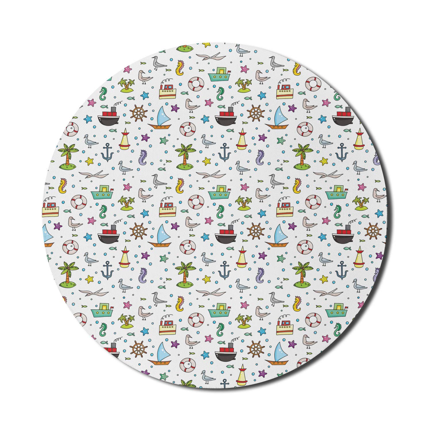 Ambesonne Round Non-Slip Rubber Mouse Pad - 8 Inch Gaming Mousepad with Nautical Cartoon Design Featuring Ships, Birds, Starfish & Palm Trees - Perfect for Office, Home & Gaming Computers (Multicolor)