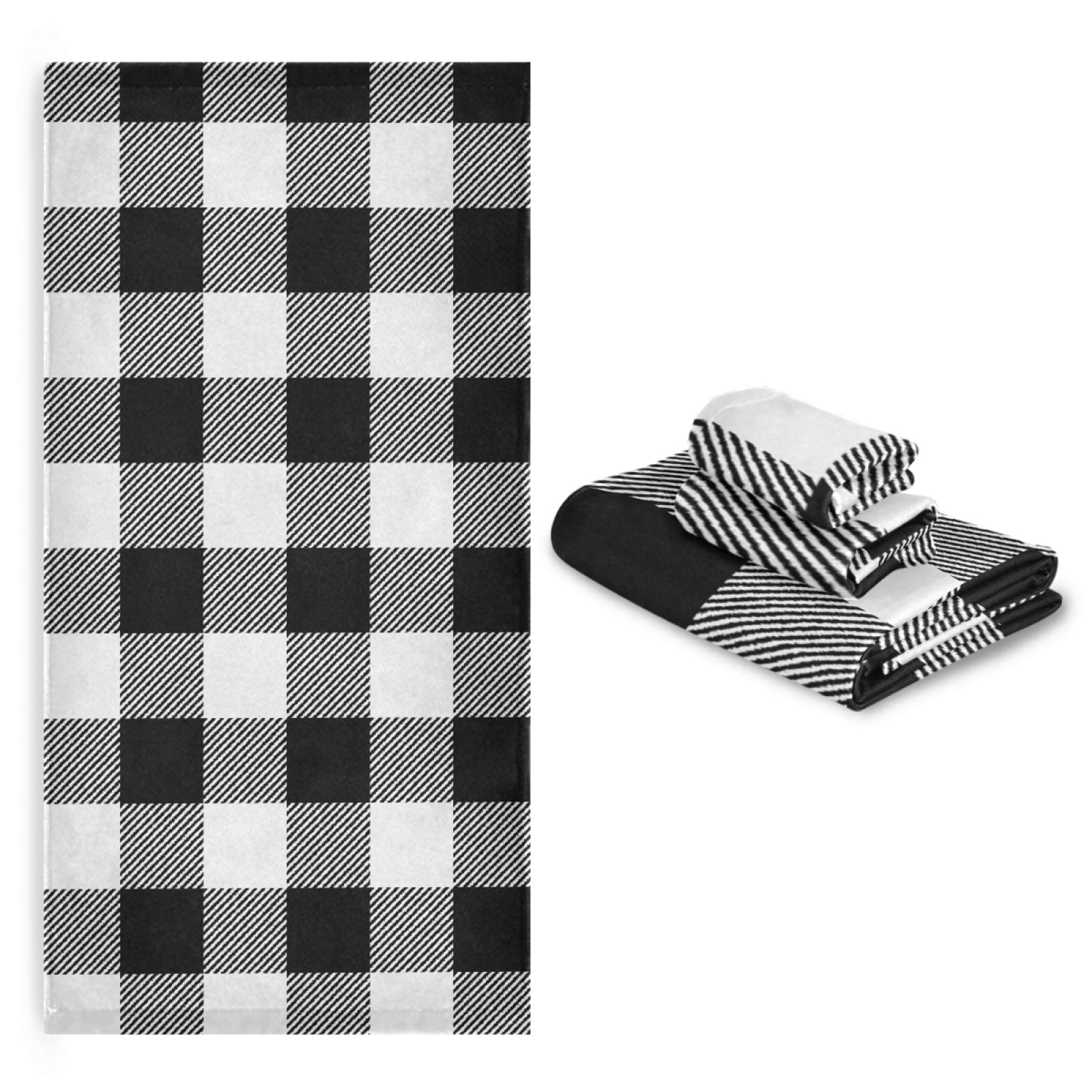 Qilmy Plaid Buffalo Women's Towel Set of 3 - Soft Absorbent Bath Towels for Face & Hands, Luxury Washcloths for Bathroom, Home & Shower (White and Black) - Perfect for Spa Days, Guest Bathrooms & Cozy Home Decor
