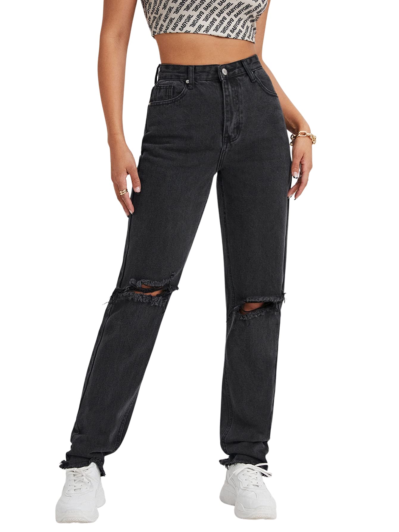SheIn Women's Ripped Boyfriend Jeans - Distressed High Waisted Denim Pants for Casual Wear, Street Style & Everyday Outfits