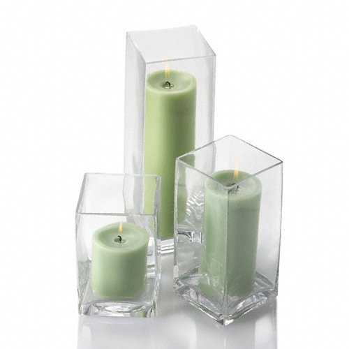 Richland Set of 18 Glass Eastland Square Vases & 18 Green Pillar Candles - Elegant Home Decor for Weddings, Centerpieces, and Holiday Table Settings