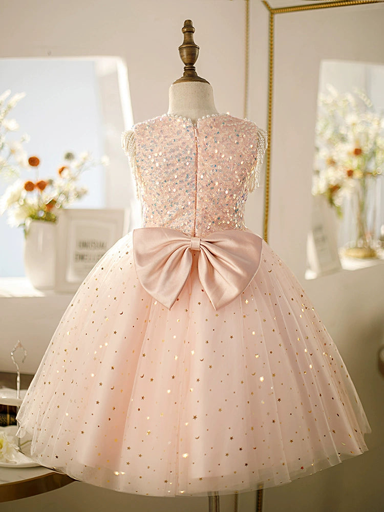 Pink A-Line Round Neck Tea-Length Tulle Flower Girl Dress - Perfect for Weddings, Parties & Special Occasions
