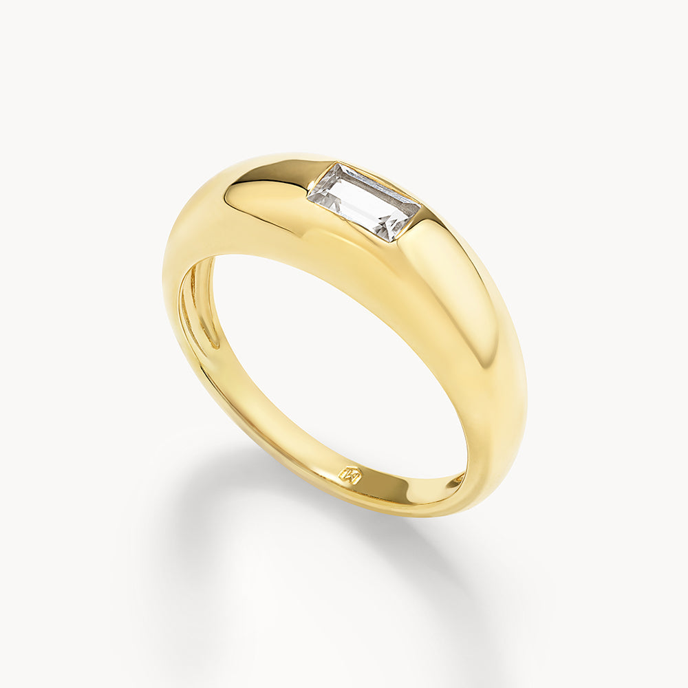 14K Gold White Topaz Baguette Curve Pinky Ring for Women - Elegant Stackable Minimalist Ring for Everyday Wear, Gift for Her, Anniversary or Birthday Present