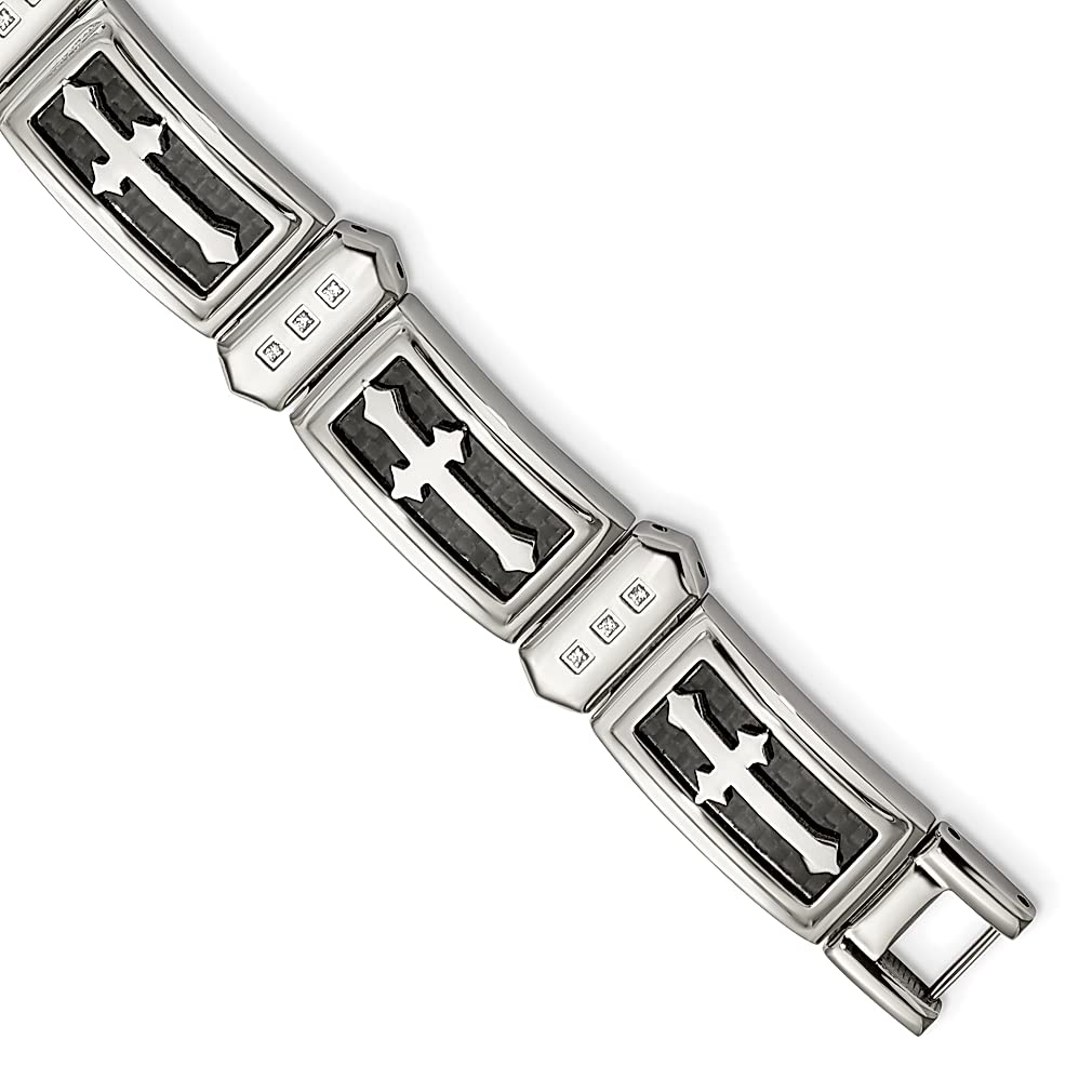 ICE CARATS Stainless Steel Black Carbon Fiber Inlay Cubic Zirconia CZ 8.5 Inch Cross Link Bracelet for Men - Religious Jewelry Gift for Dad, Husband, Boyfriend - Perfect for Church, Weddings & Special Occasions