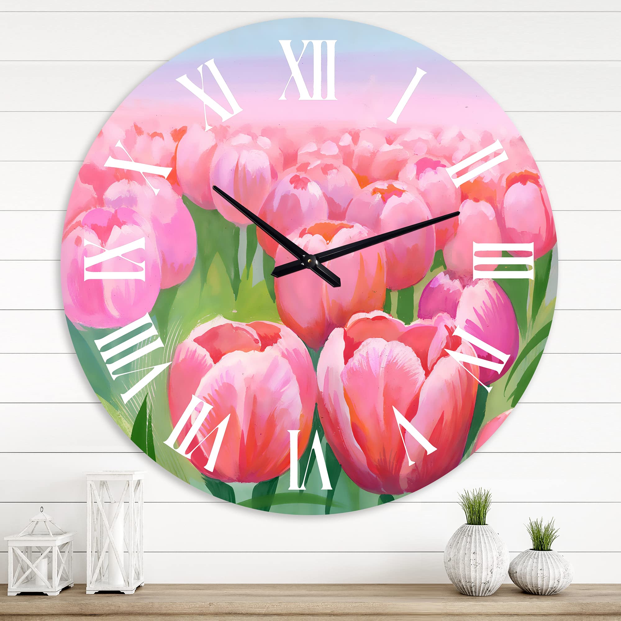 DesignQ Traditional Wall Clock 'Field of Pink Tulips' - Large Floral & Botanical Wall Clock for Living Room, Bedroom, Office Decor | Perfect for Home, Farmhouse & Vintage Style Interior Design