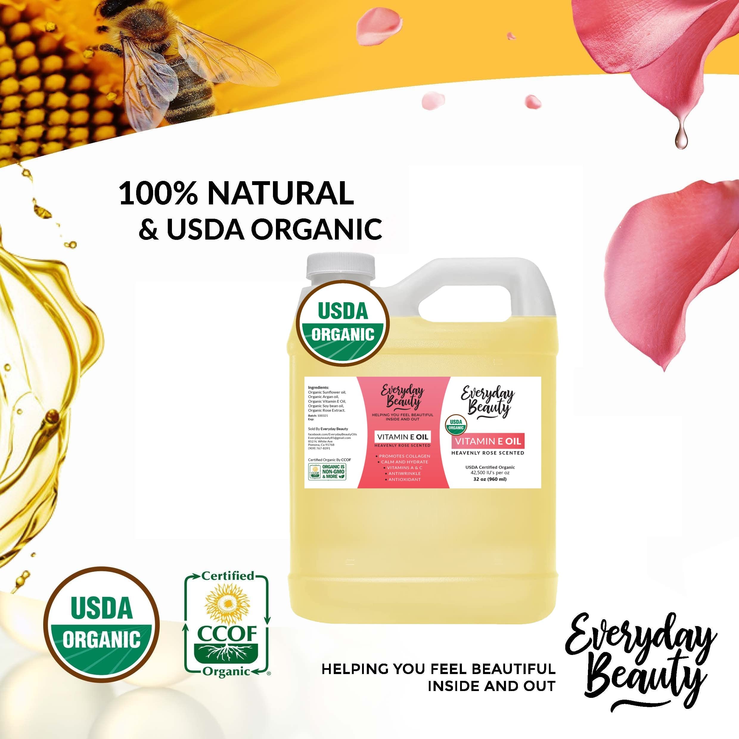 Organic Vitamin E Oil 32 oz - USDA Certified 100% Natural Plant-Based with Heavenly Rose Scent - Lightweight Formula for Scars, Face, Skin & Nails - Perfect for Post-Surgery Care, Anti-Aging & Daily Moisturizing