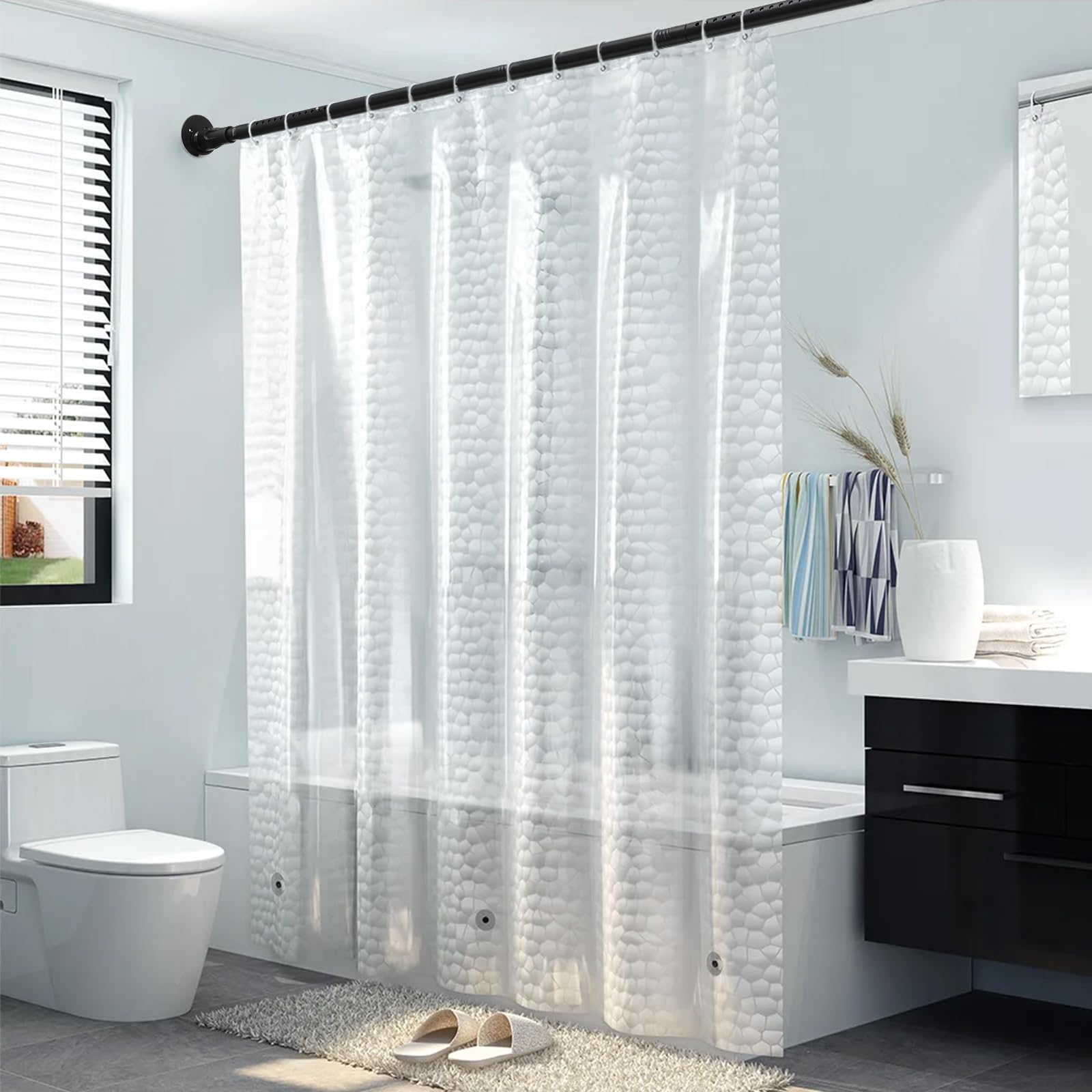 No-Drill Adjustable Tension Shower Curtain Rod 42-100 Inch - Black Bathroom Shower Rod with Holders for Easy Installation - Perfect for Apartments, Dorms & Rental Homes