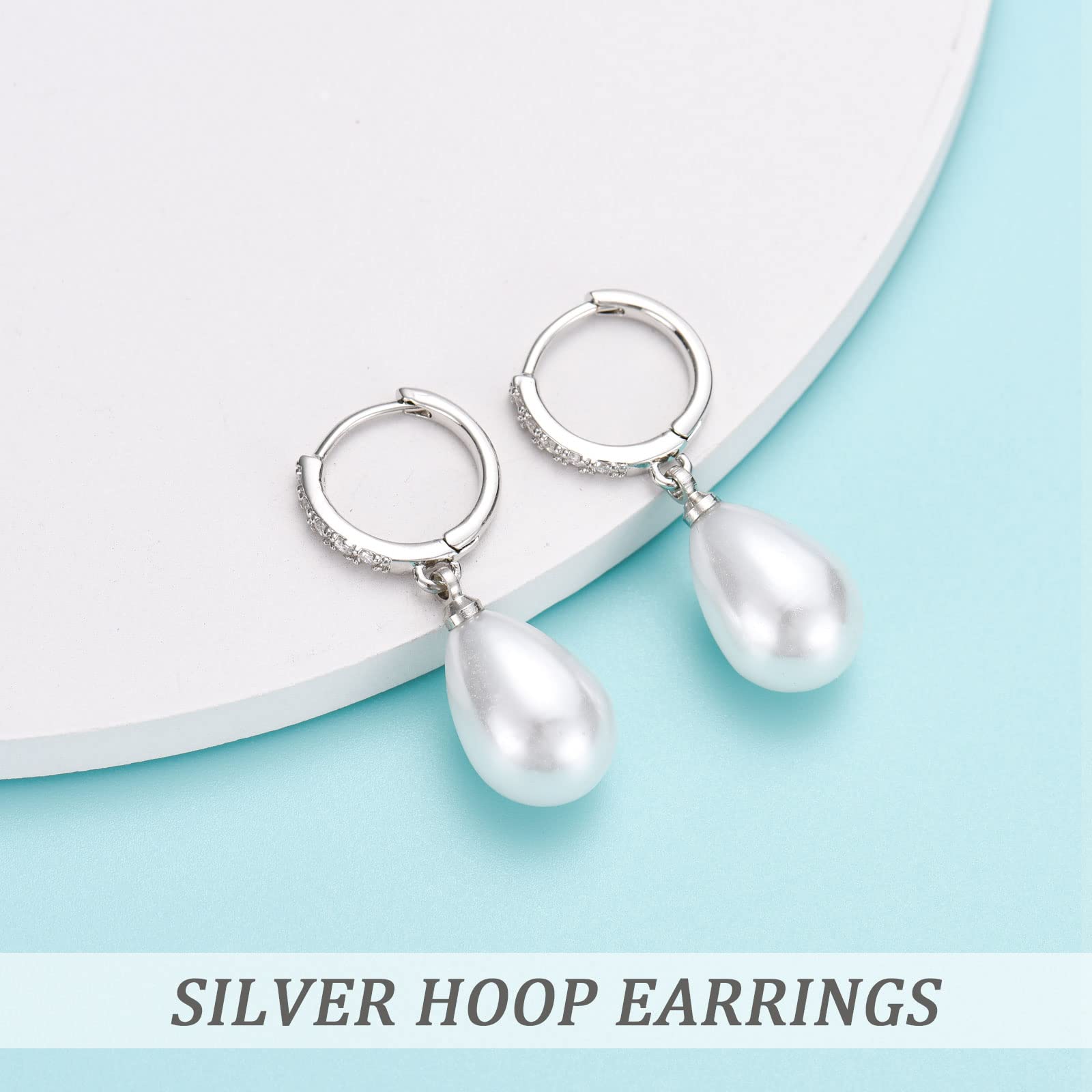 925 Sterling Silver Pearl Drop Hoop Earrings for Women | Hypoallergenic Teardrop Round Pearl Dangle Earrings with AAA+ Cubic Zirconias | Elegant Jewelry Gift for Birthday, Wedding & Special Occasions | Perfect for Office, Party & Date Night