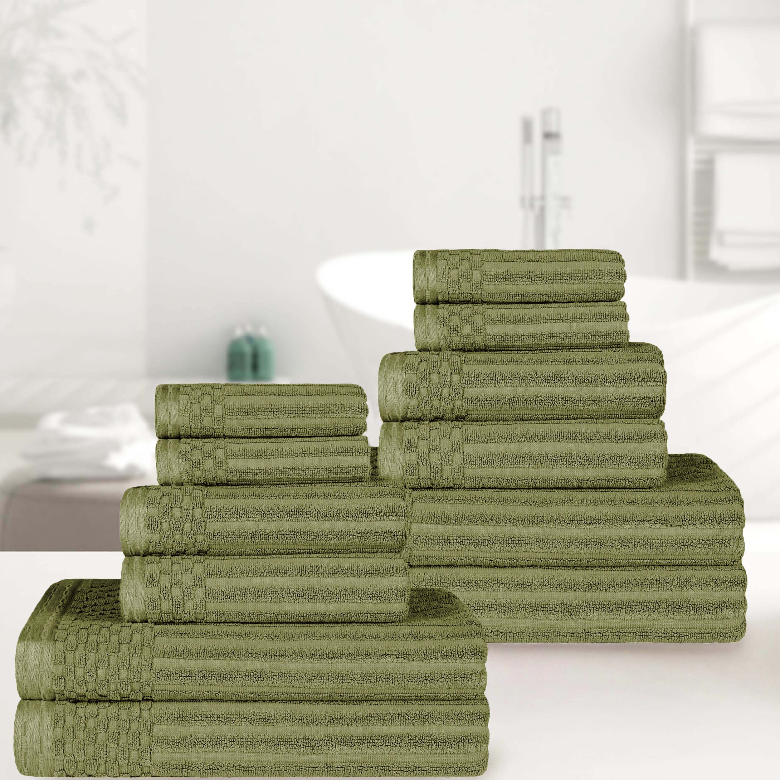 Premium 12-Piece Ribbed Textured Cotton Towel Set - Medium Weight Bath & Hand Towels for Spa, Guest Bathroom & Luxury Home Decor