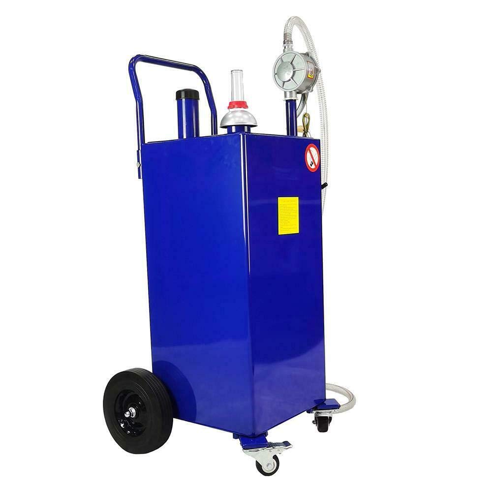 30 Gallon Gas Caddy Tank - Portable Fuel Storage Can for Diesel, Kerosene & Oil Transfer with Auto Rotary Pump & Flat-Free Solid Rubber Wheels - Ideal for Boats, ATVs, Cars, Motorcycles, RV & Farm Equipment (Blue)