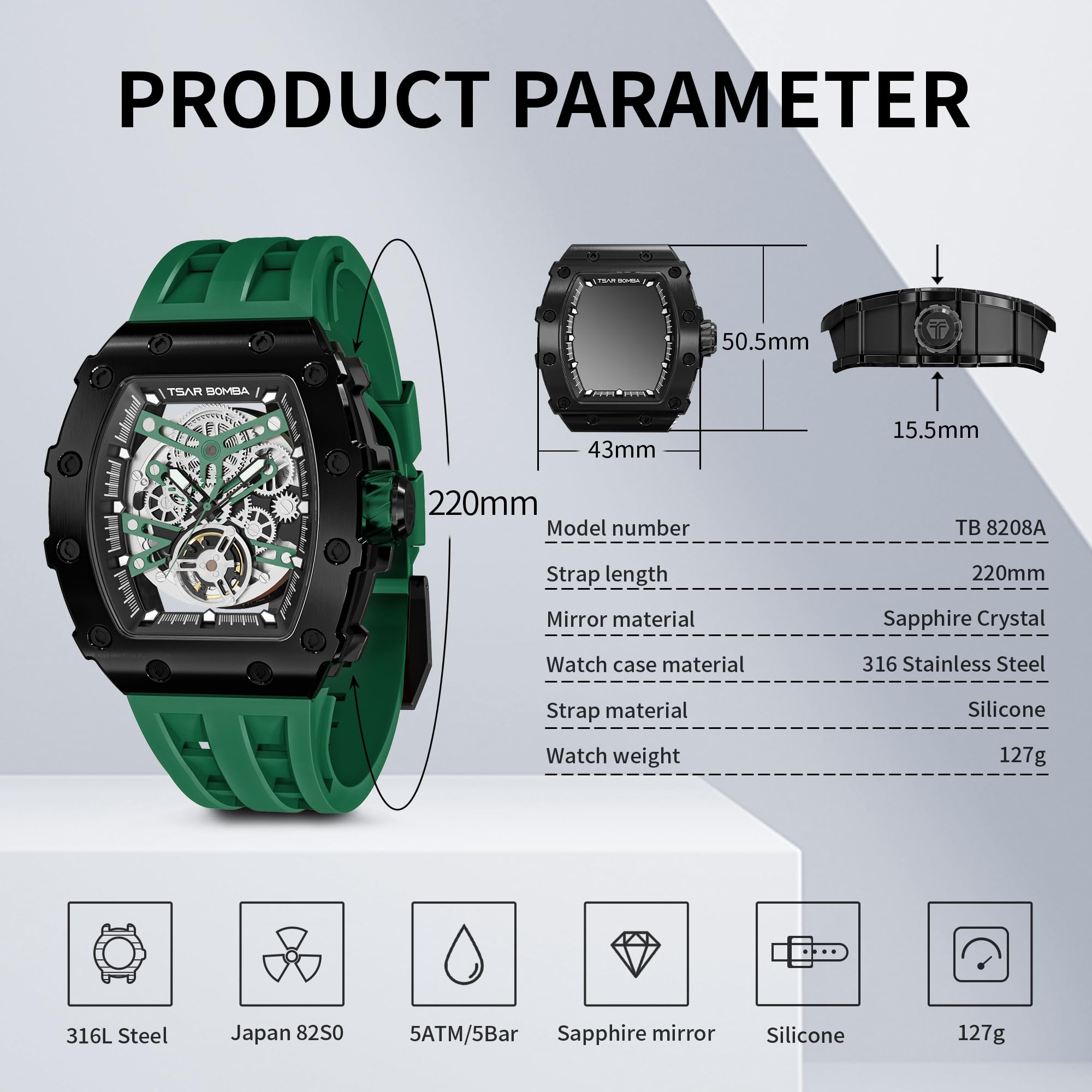 TSAR BOMBA Luxury Automatic Watch for Men - Japanese Mechanical Movement, 50M Waterproof, Stainless Steel Case, Sapphire Crystal, Big Face - Perfect for Business, Formal Events & Unique Fashion Gifts
