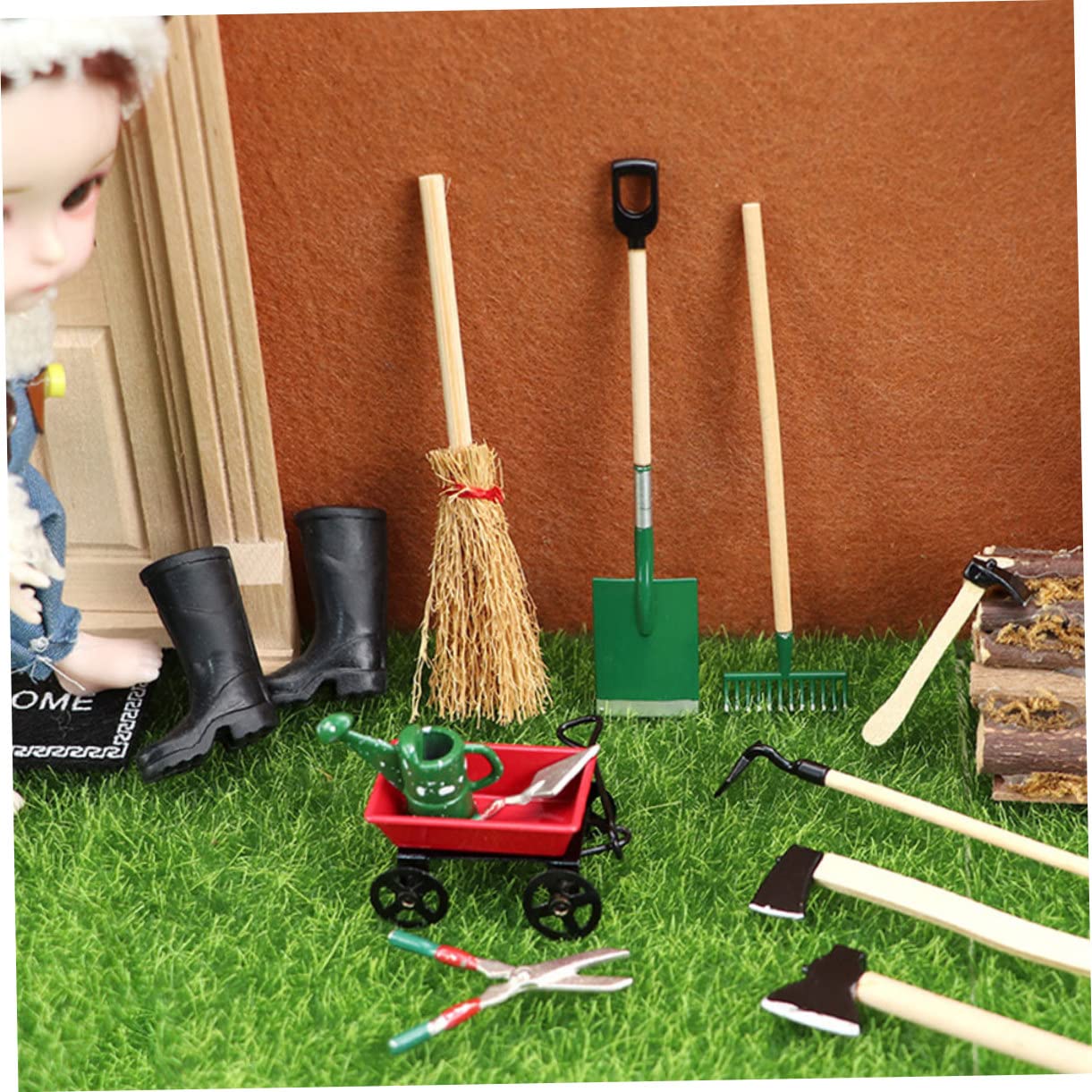 Miniature Gardening Tools Set - Dollhouse Garden Accessories with Wheelbarrow, Watering Can & Shovels | Perfect for Mini Fairy Gardens, DIY Terrariums & Dollhouse Landscaping Projects