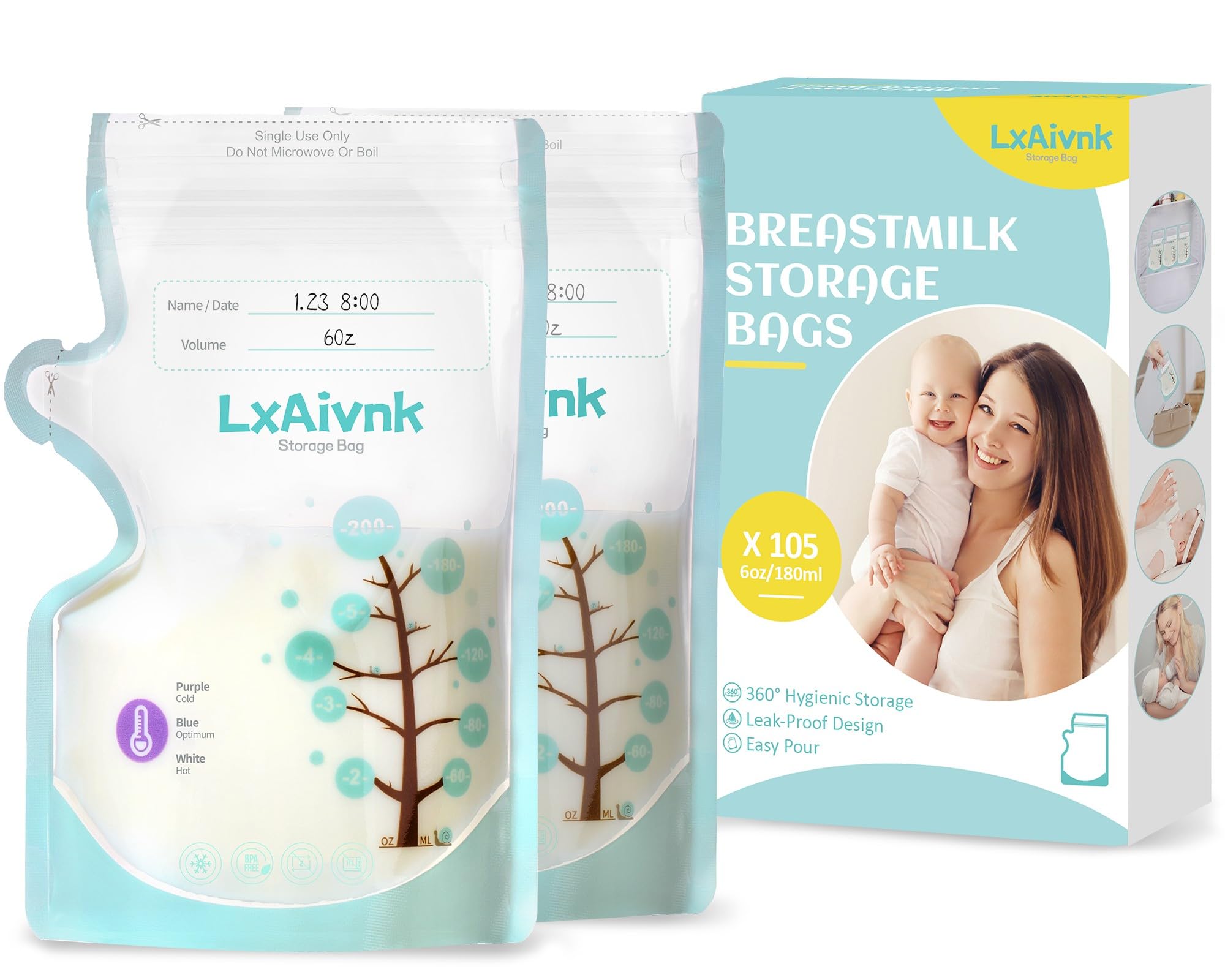 **6oz (180ml) Breast Milk Storage Bags - 105 Count, Leak-Proof Freezer Bags for Breastfeeding Moms, BPA-Free & Durable Thin Design - Ideal for Pumping, Storing, and Organizing Breast Milk**