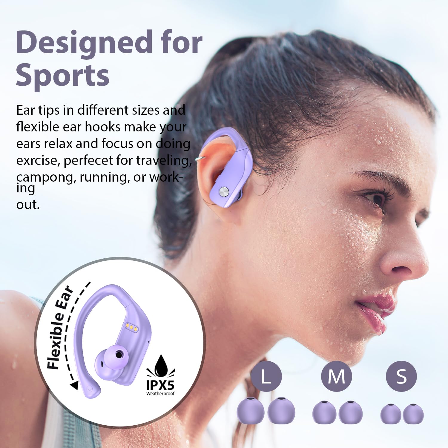 bmanl Wireless Bluetooth Earbuds - 48H Playtime, LED Display, Over-Ear Sport Headphones with Built-in Mic & Earhooks for Running, Gym Workouts - Purple (Ideal for Fitness, Commuting & Outdoor Activities)