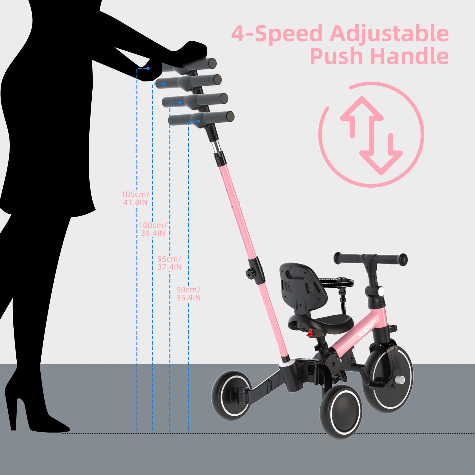 XJD 6-in-1 Foldable Toddler Tricycle with Push Handle - Adjustable Balance Bike for 1-4 Year Olds | Removable Pedals, Backrest & Height Adjustable Seat | Perfect First Birthday Gift (Pink) | Ideal for Indoor Play, Outdoor Learning & Developing Motor Skills