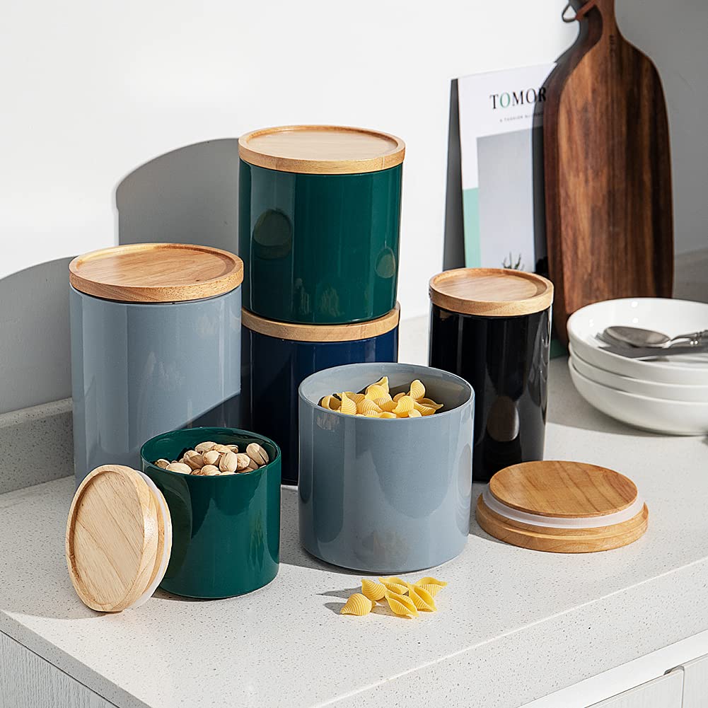 Sweejar Ceramic Food Storage Canisters with Airtight Wooden Lid - 39oz Stackable Kitchen Containers for Coffee Beans, Flour, Tea, Spices | Perfect for Pantry Organization & Countertop Display (Navy Blue)
