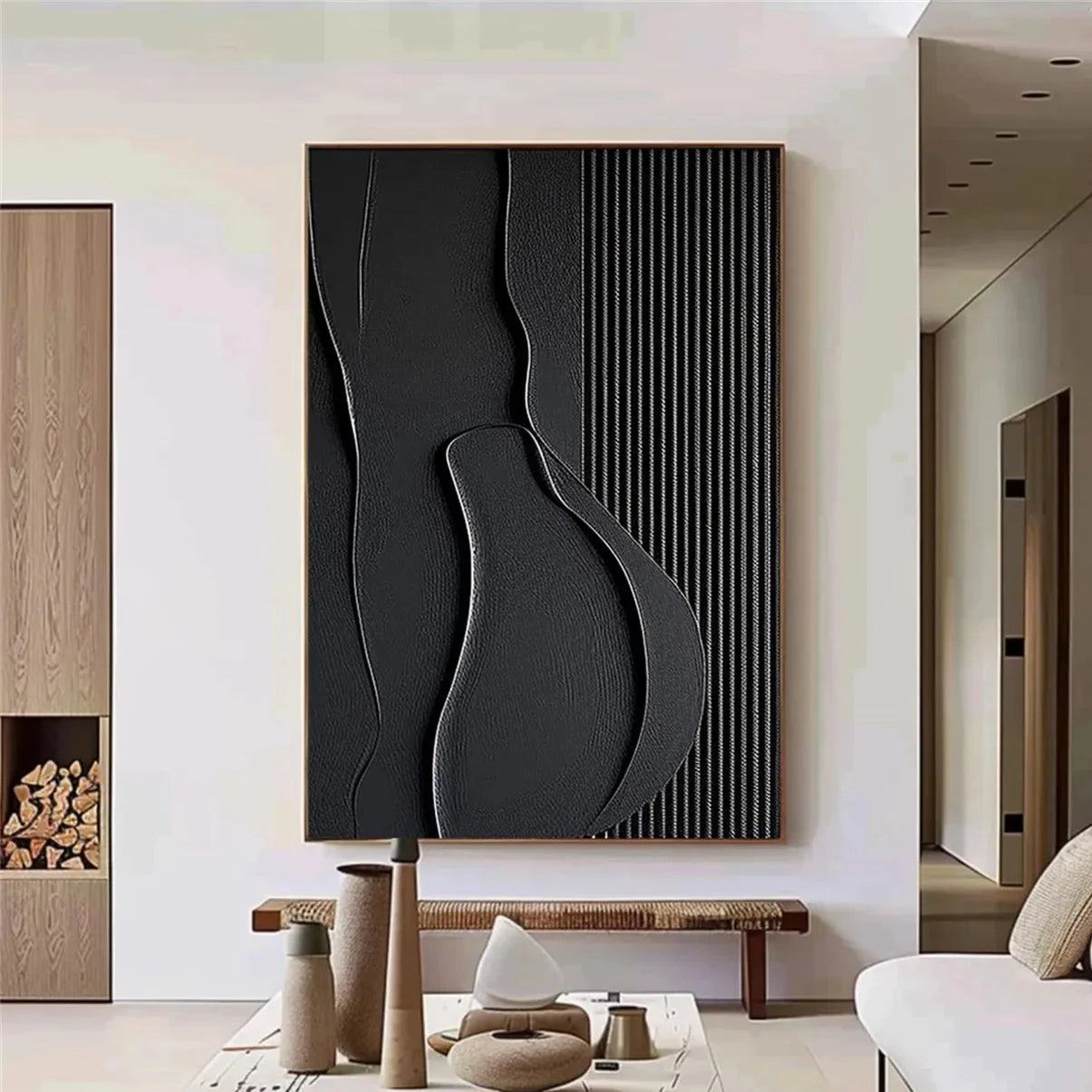 Black Minimalist Textured Painting Canvas Wall Art - Modern Abstract Home Decor for Living Room, Bedroom & Office | Premium Quality #MZ096
