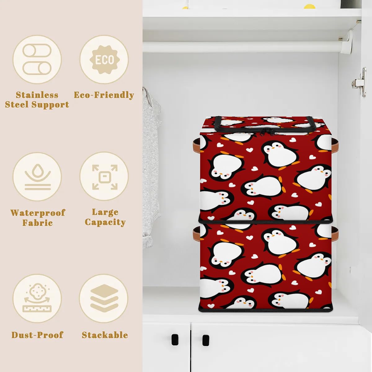 Cute Penguin Heart Cartoon Storage Bins with Zipper Lid - Foldable Fabric Storage Baskets for Clothes, Blankets & Toys - Collapsible Storage Box with Handles for Closet, Nursery & Home Organization