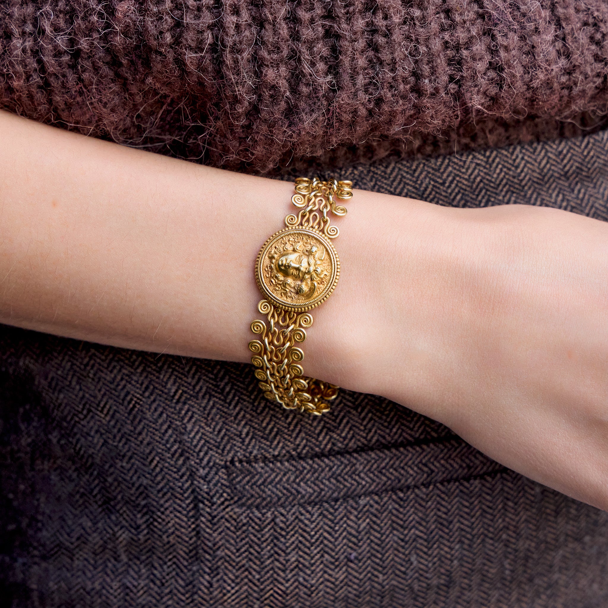 22K Gold Winged Medusa Bracelet - Ancient Greek Mythology Jewelry for Women, Handmade Vintage Style Arm Cuff - Perfect for Parties, Weddings & Gifts