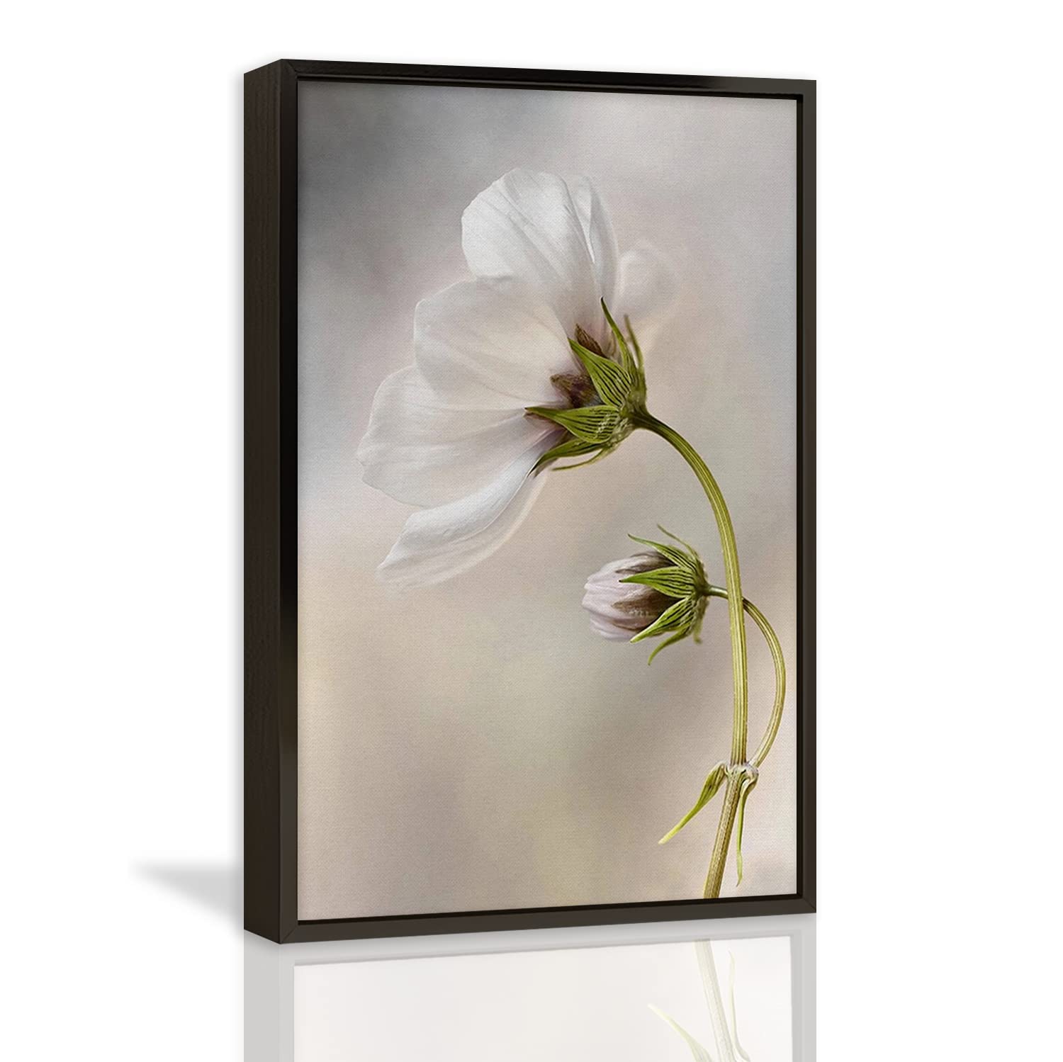 White Flowers Canvas Wall Art - Floral Oil Painting Print for Home, Office & Kitchen Decor - 16x24 Inch Contemporary Framed Poster (Black Metal Aluminum Frame) - Perfect for Living Room, Bedroom & Dining Room Wall Decoration