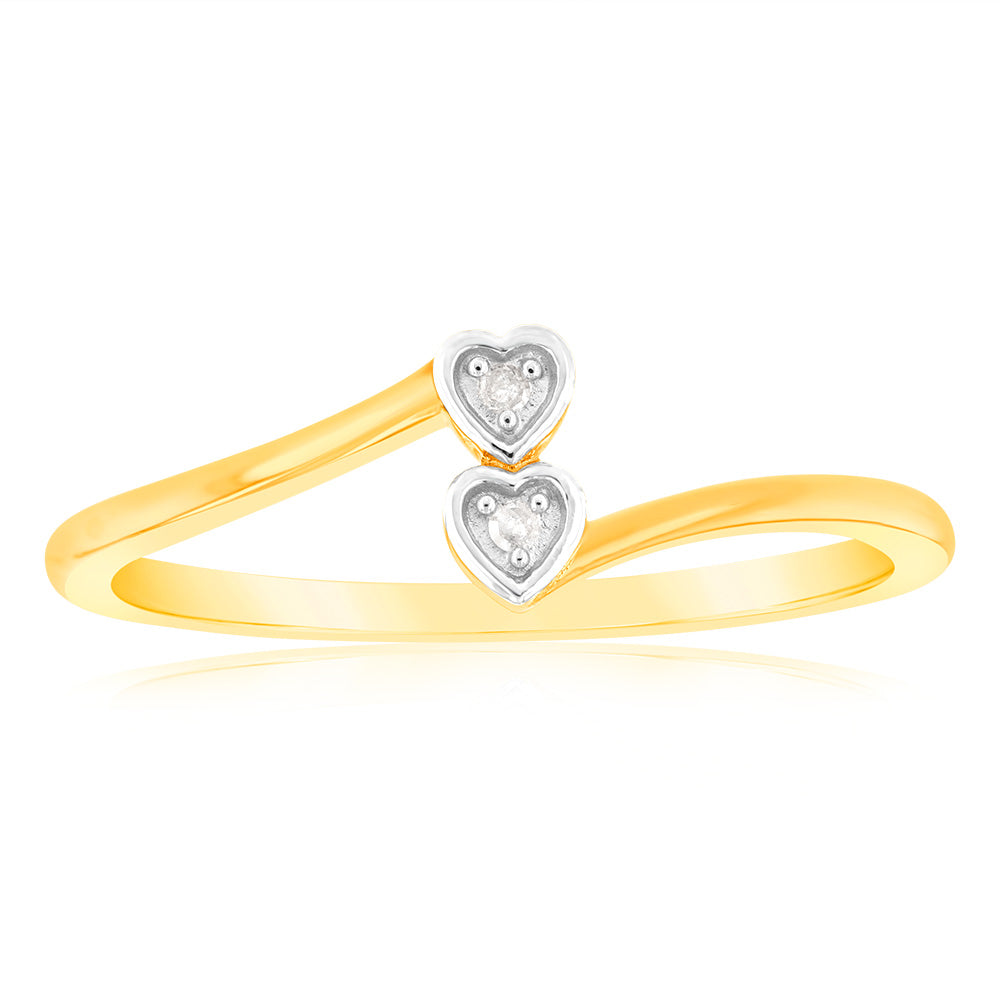 2 Heart Shaped Diamond Ring in 9ct Yellow Gold - Romantic Gift for Valentine's Day, Anniversary & Engagement - Perfect for Couples & Special Occasions
