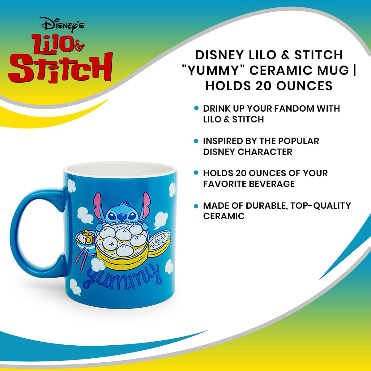 Disney Lilo & Stitch 20oz Yummy Ceramic Coffee Mug - Official Oversized Novelty Drinkware for Home, Kitchen & Bar | Perfect for Hot Cocoa, Tea & Coffee Lovers | Cute Disney Gift Idea
