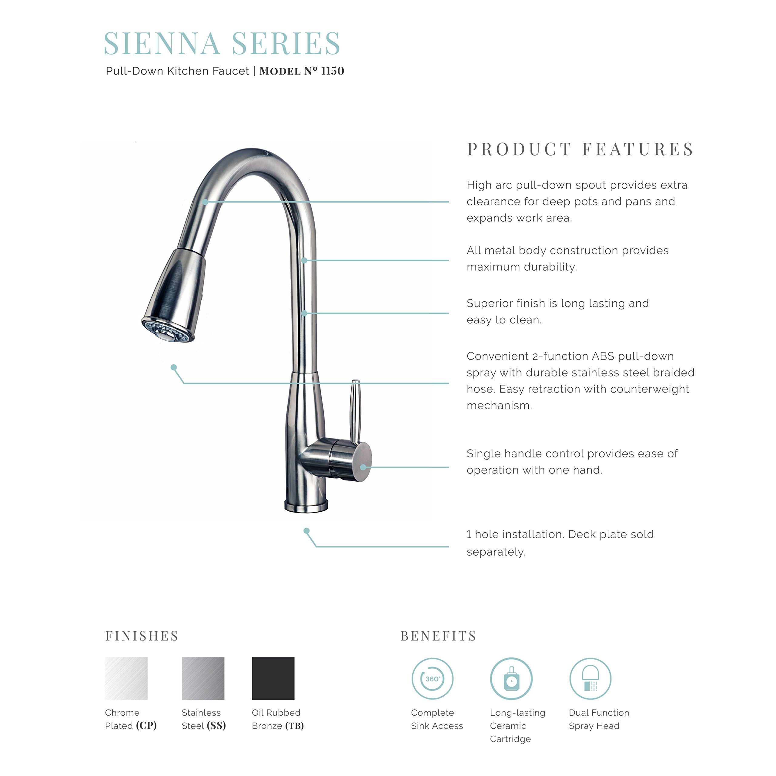 1150SS Single Handle Pull-Down Kitchen Faucet - 16 Inch Stainless Steel Sink Faucet with High Arc Spout for Modern Kitchen, Dish Washing & Food Prep