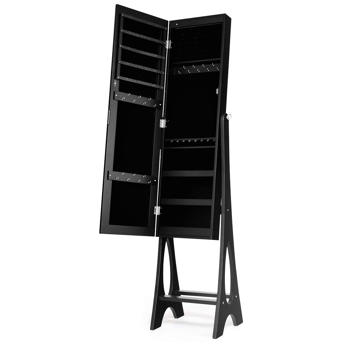 Giantex 12 LED Jewelry Armoire Cabinet with Frameless Full-length Mirror - Standing Jewelry Organizer with 16 Lipstick Holders, Large Storage Capacity & 3 Adjustable Angles (Black) | Perfect for Bedroom, Closet & Dressing Room Organization