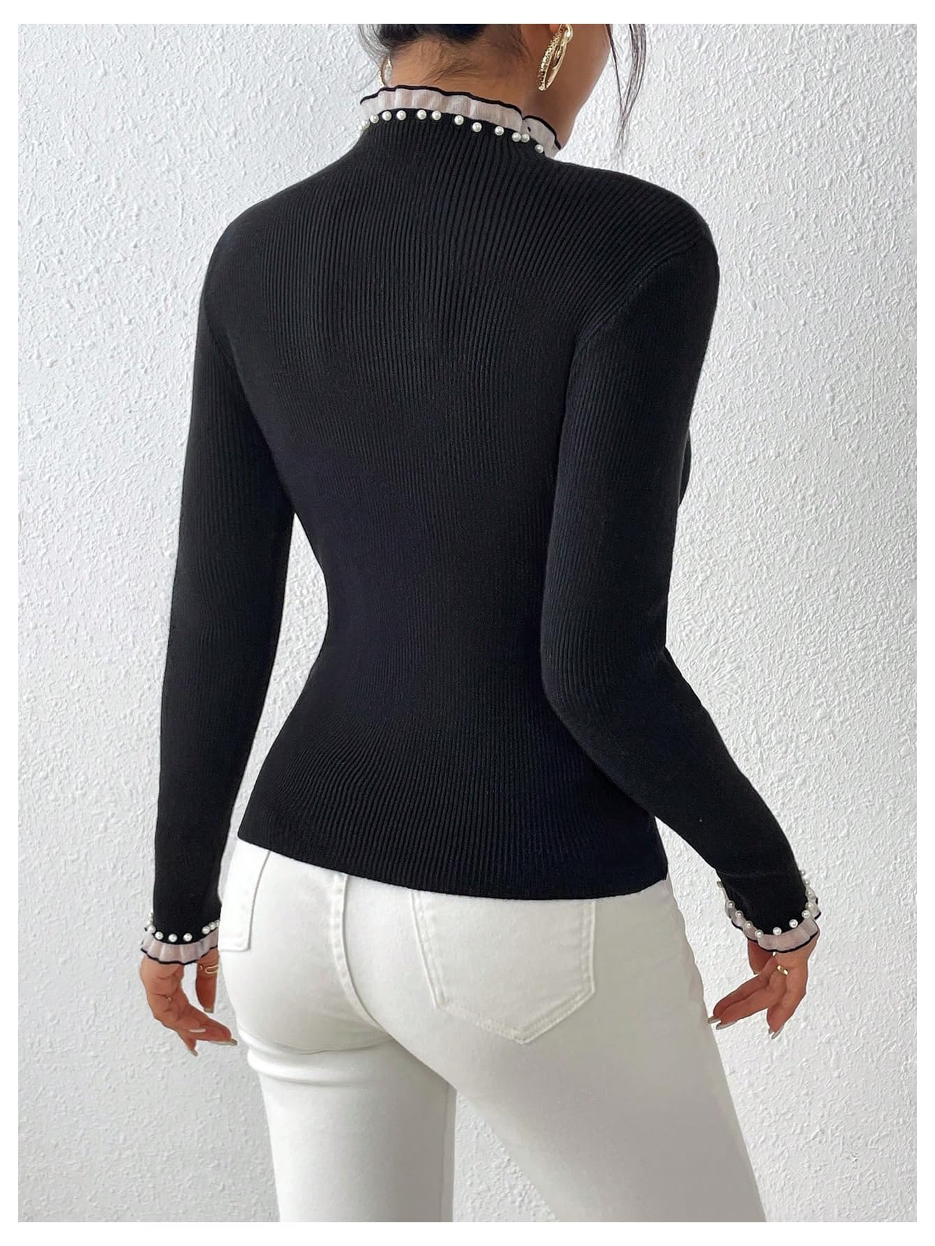Verdusa Women's Pearl Embellished Sweater with Ruffle Trim, Mock Neck & Long Sleeve - Slim Fit Pullover for Office, Date Night & Fall Fashion