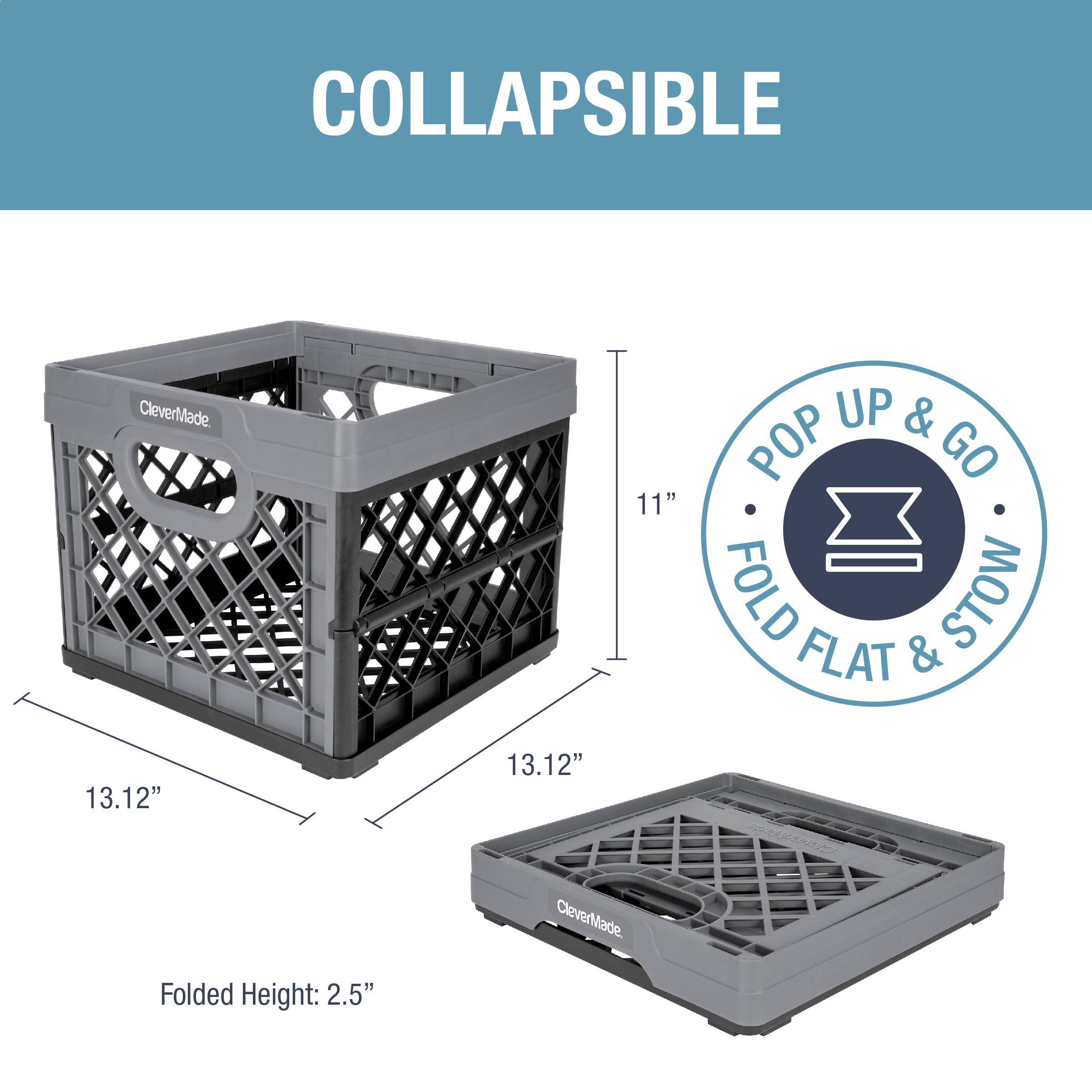 CleverMade Collapsible Milk Crate - Heavy Duty 25L (6 Gal) Stackable Storage Bins, 3-Pack in Stone Color - Holds 50lbs Each, Multi-Purpose Plastic Crates for Home, Garage, Office & Outdoor Organization