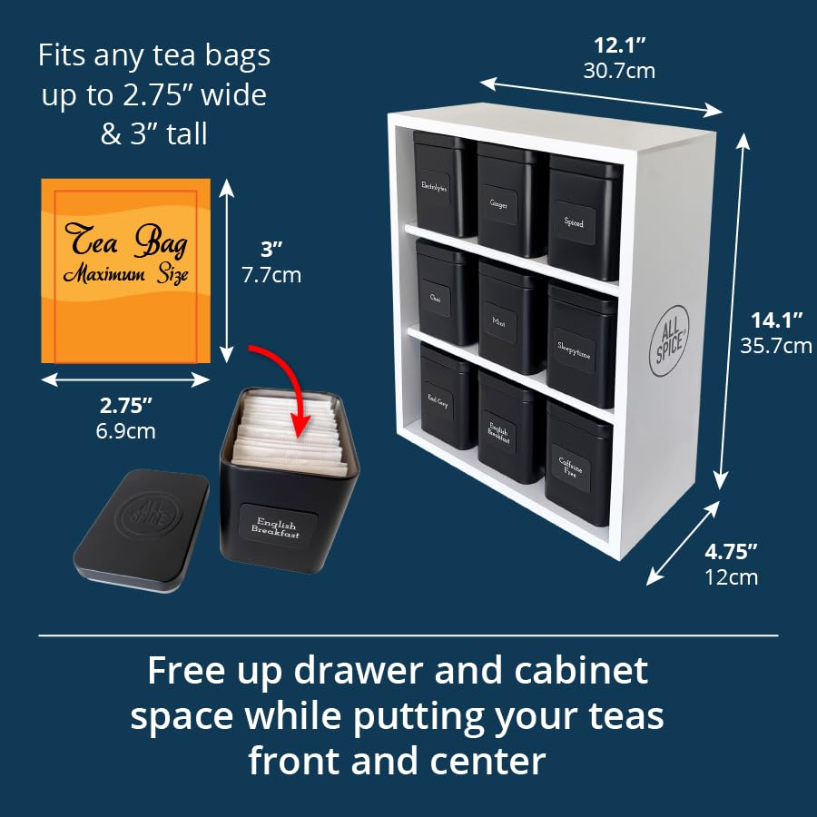 Premium AllSpice Tea Organizer Rack with 9 Airtight Tins & 160 Magnetic Labels – Perfect for Bagged & Loose Leaf Tea Storage – White – Ideal for Kitchen Countertops, Pantry Organization & Tea Lover Gifts