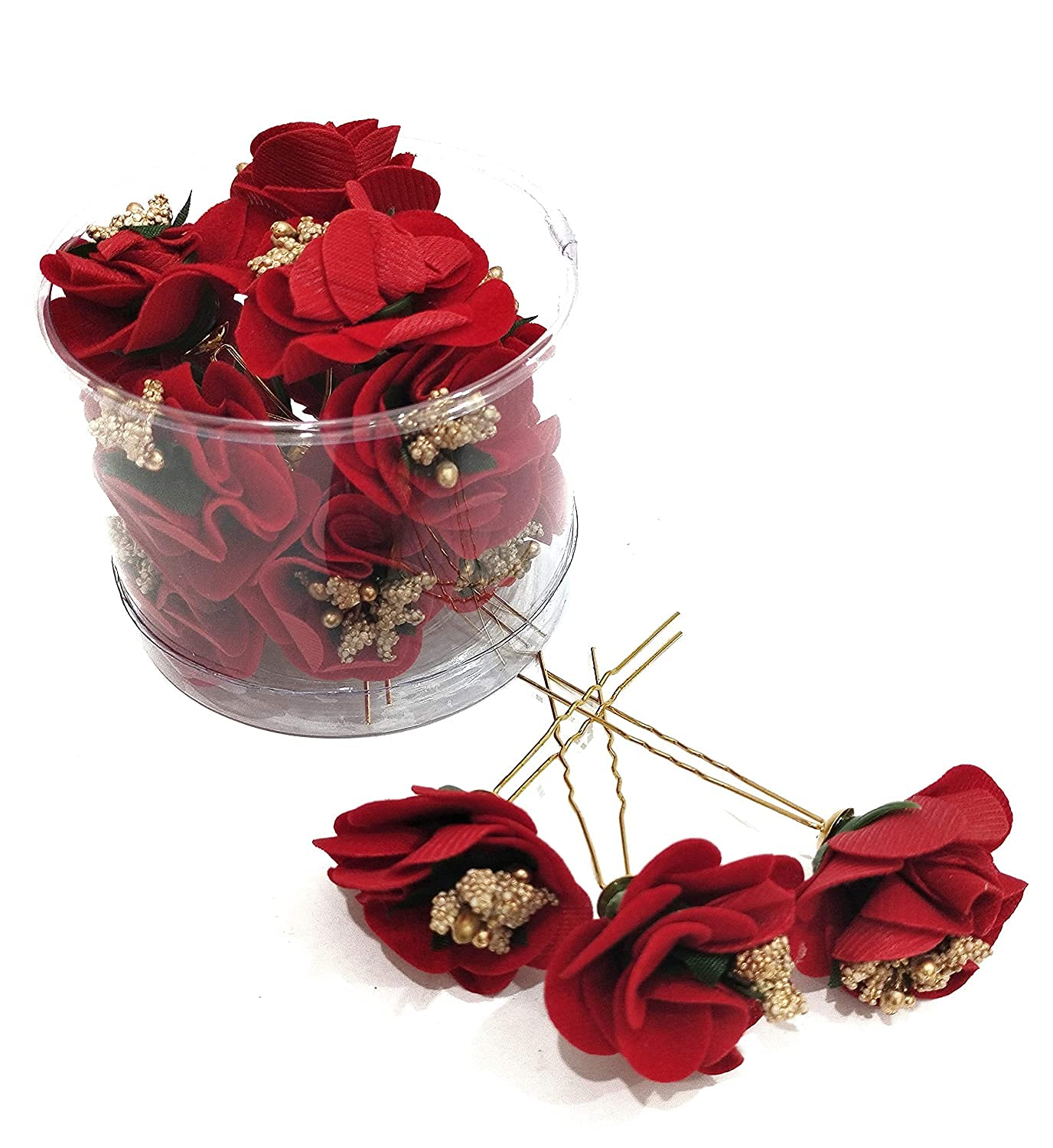 Rubela Sonpal Hair Flower Fancy Bun Metal Bobby U Shape Jura Pins for Women and Girls - 12 Pack Red Rose Hair Accessories for Wedding, Prom, Party & Special Occasions