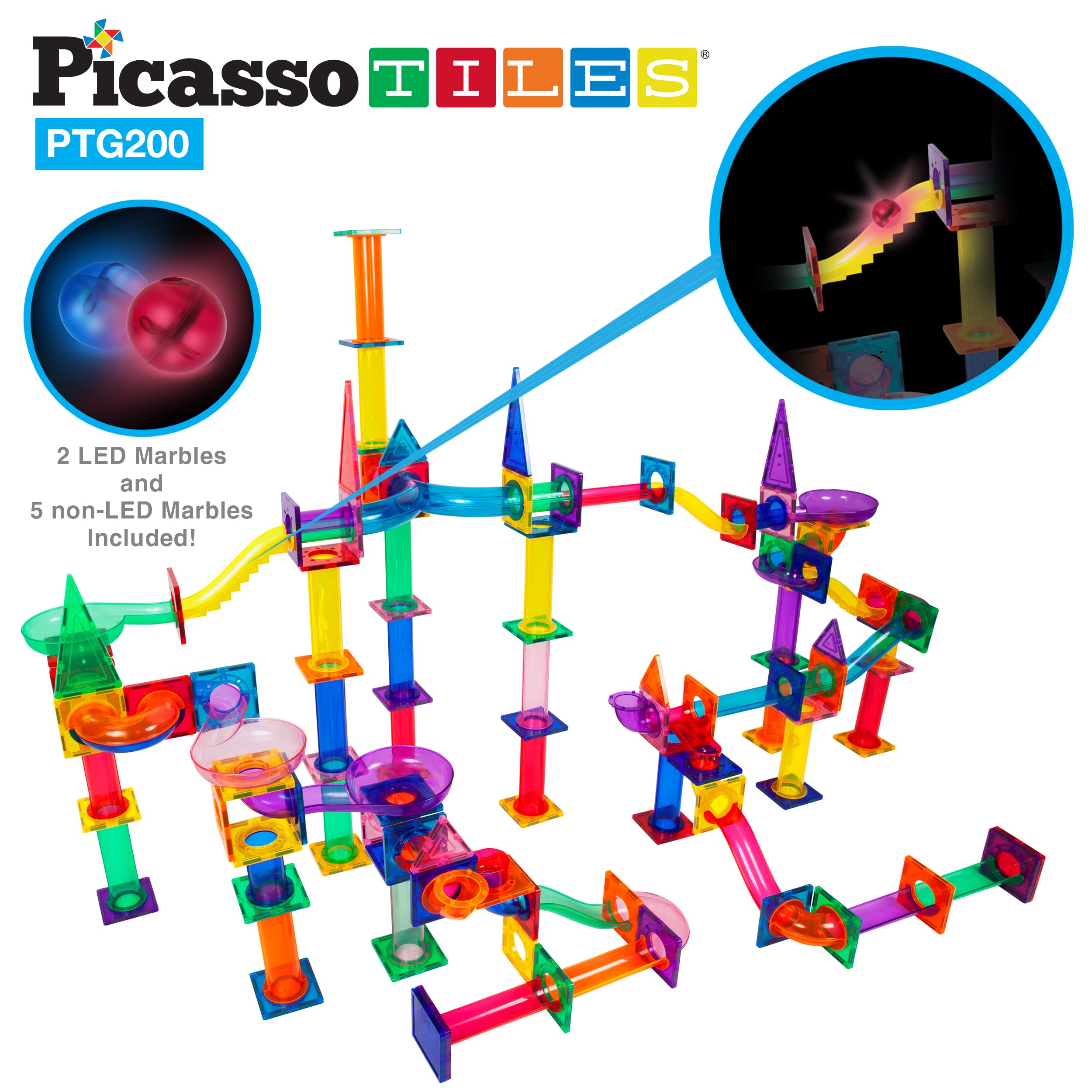 PicassoTiles 200-Piece Magnetic Marble Run Set - STEM Educational Building Blocks for Kids Ages 3+, Marble Maze Race Track Toy with Sensory Marbles for Toddlers - Perfect for Indoor Play, Birthday Gifts & Early Learning Activities