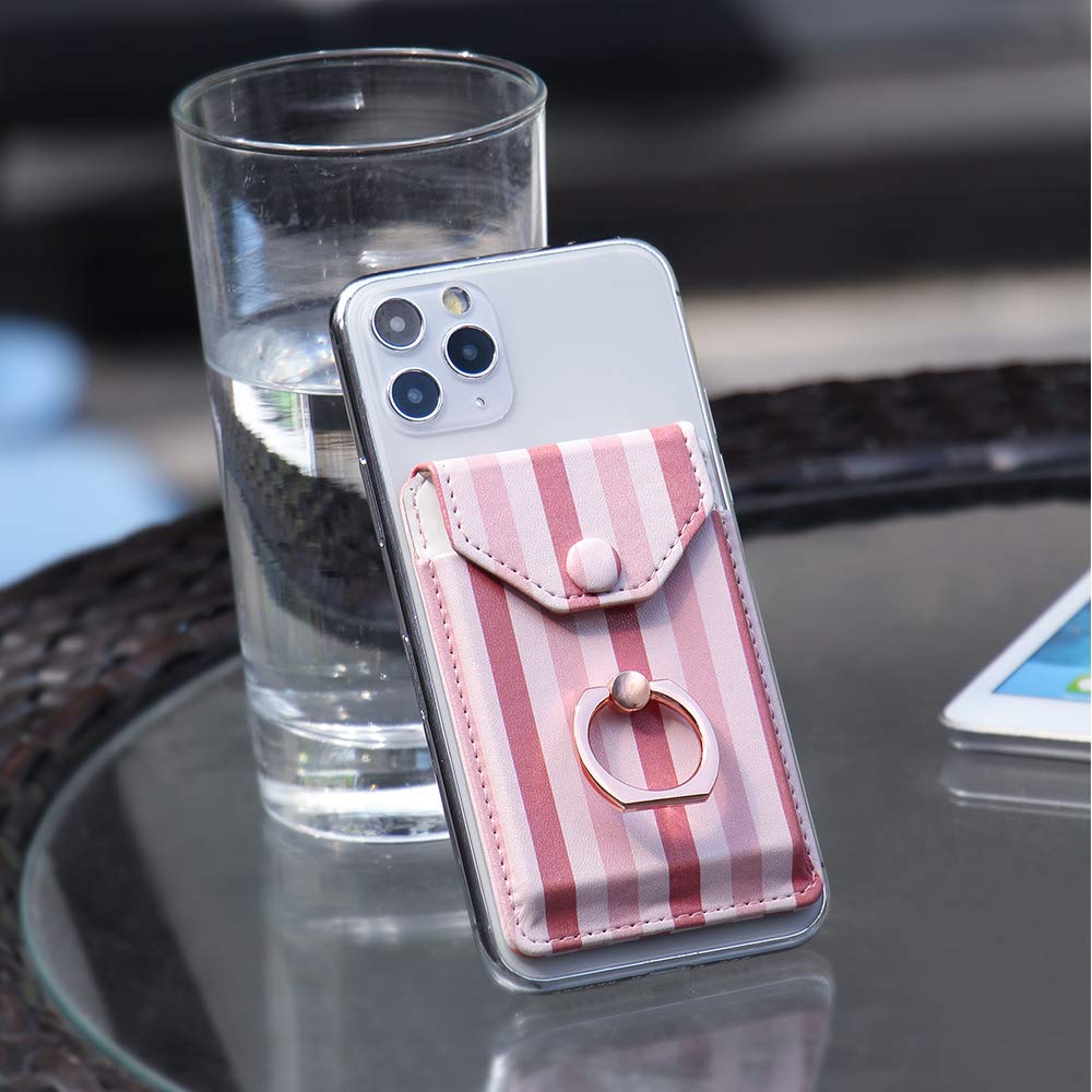 RFID Blocking Ring Stand & Adhesive Wallet Card Holder for iPhone, Android & All Smartphones - Stick on Phone Back for Credit Cards - Pink Striped Design | Perfect for Hands-Free Viewing, Contactless Payments & Everyday Convenience