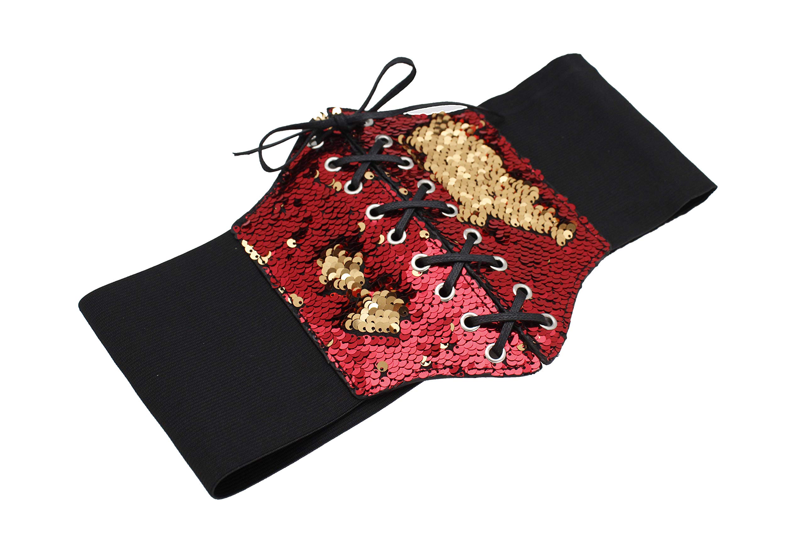 TFJ Women's Wide Elastic Waistband Corset Belt - High Waist Shapewear with Bling Red Gold Sequins for Tummy Control (Sizes S/M) | Perfect for Dresses, Tops & Body Shaping