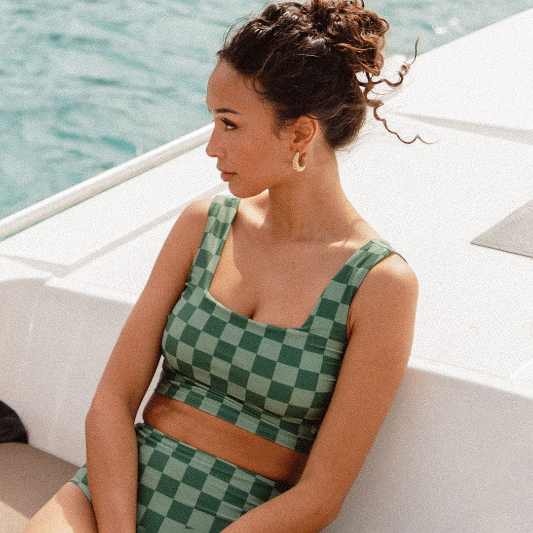 Olivia Swim Crop Top - Green Check Print Women's Swimwear for Beach, Pool & Vacation