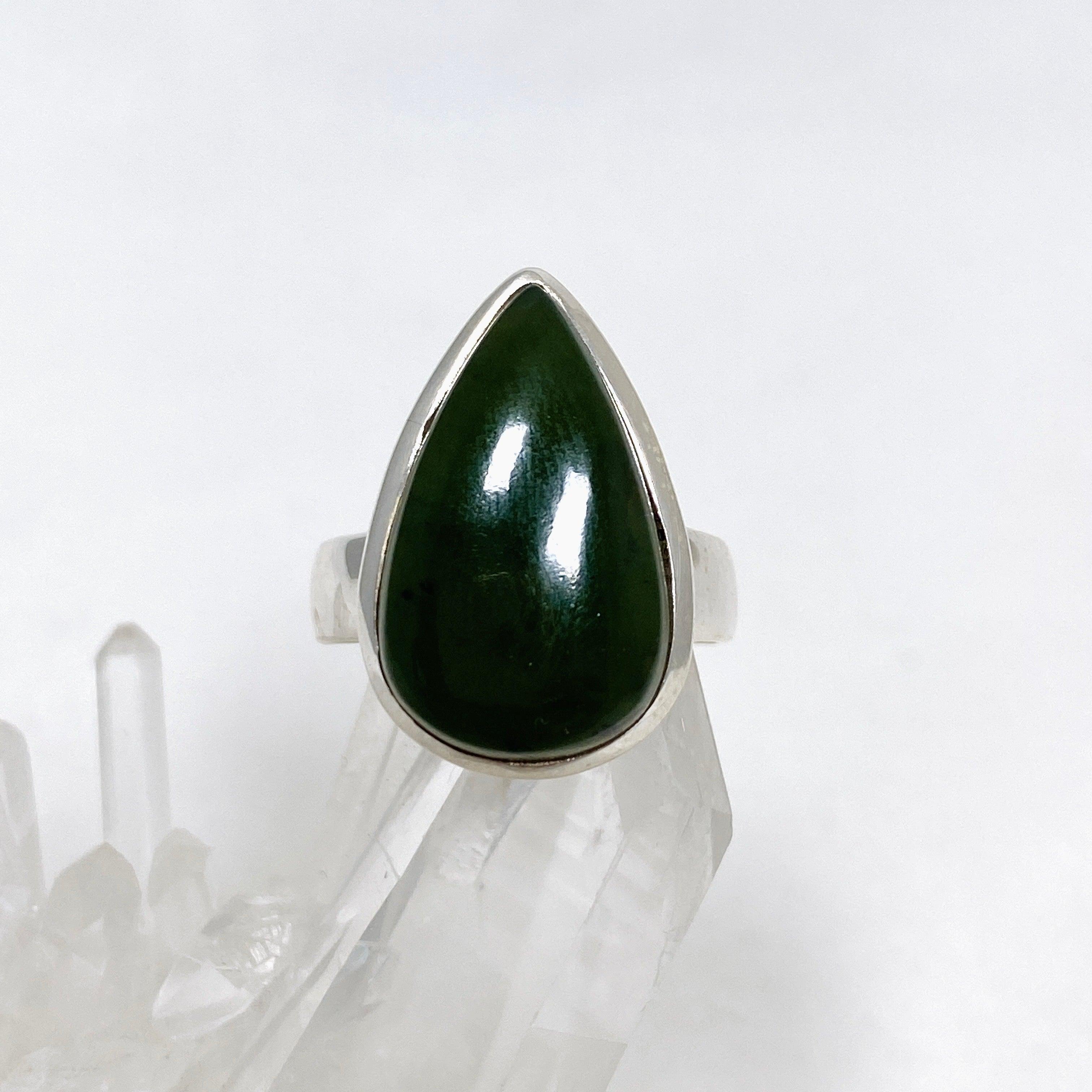 Natural Siberian Jade Nephrite Teardrop Ring - Size 8.5 - Elegant Handmade Jewelry for Women - Perfect for Weddings, Parties & Special Occasions