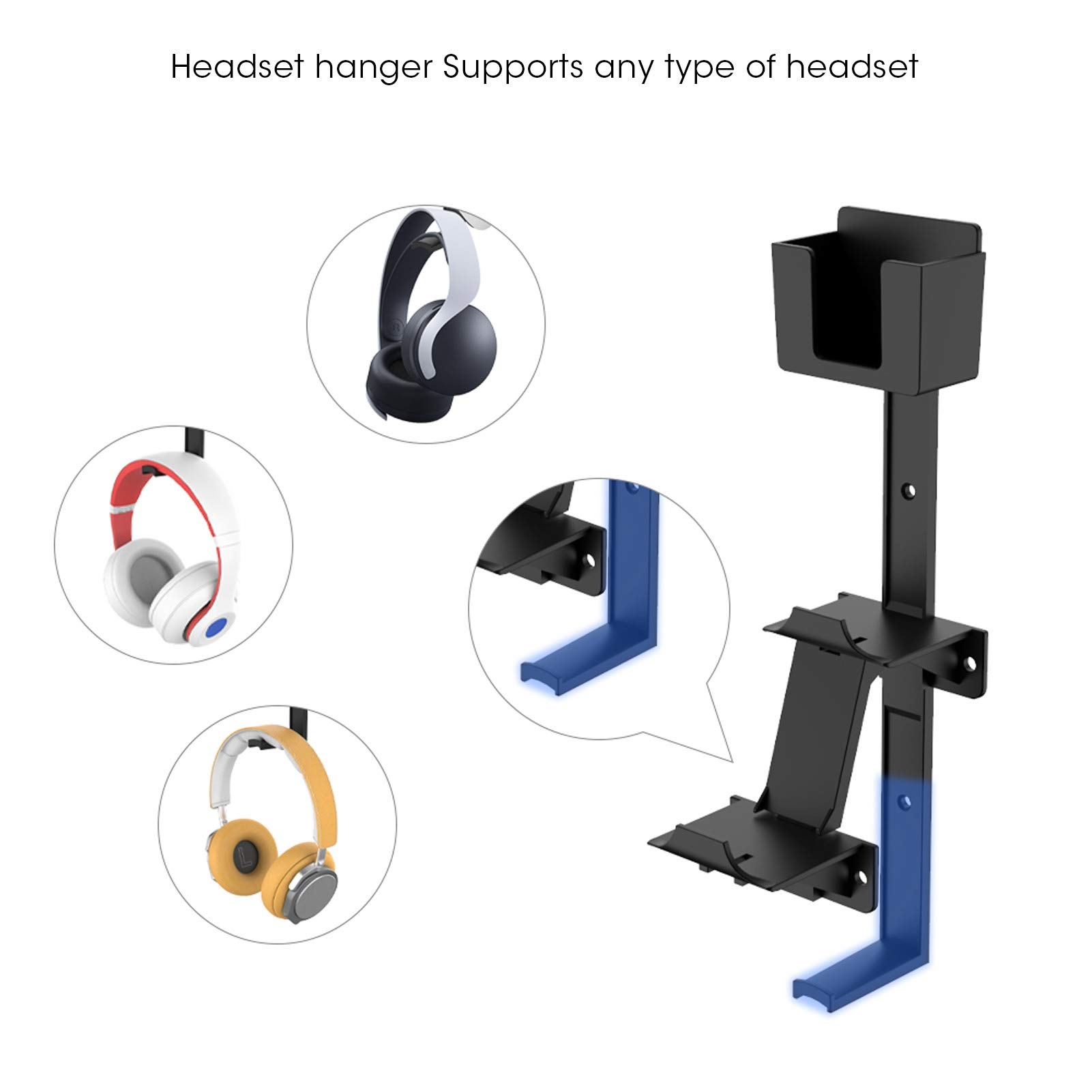 Universal ABS Wall Mount Bracket for Controller with Headset Hanger - Gaming Setup Accessory