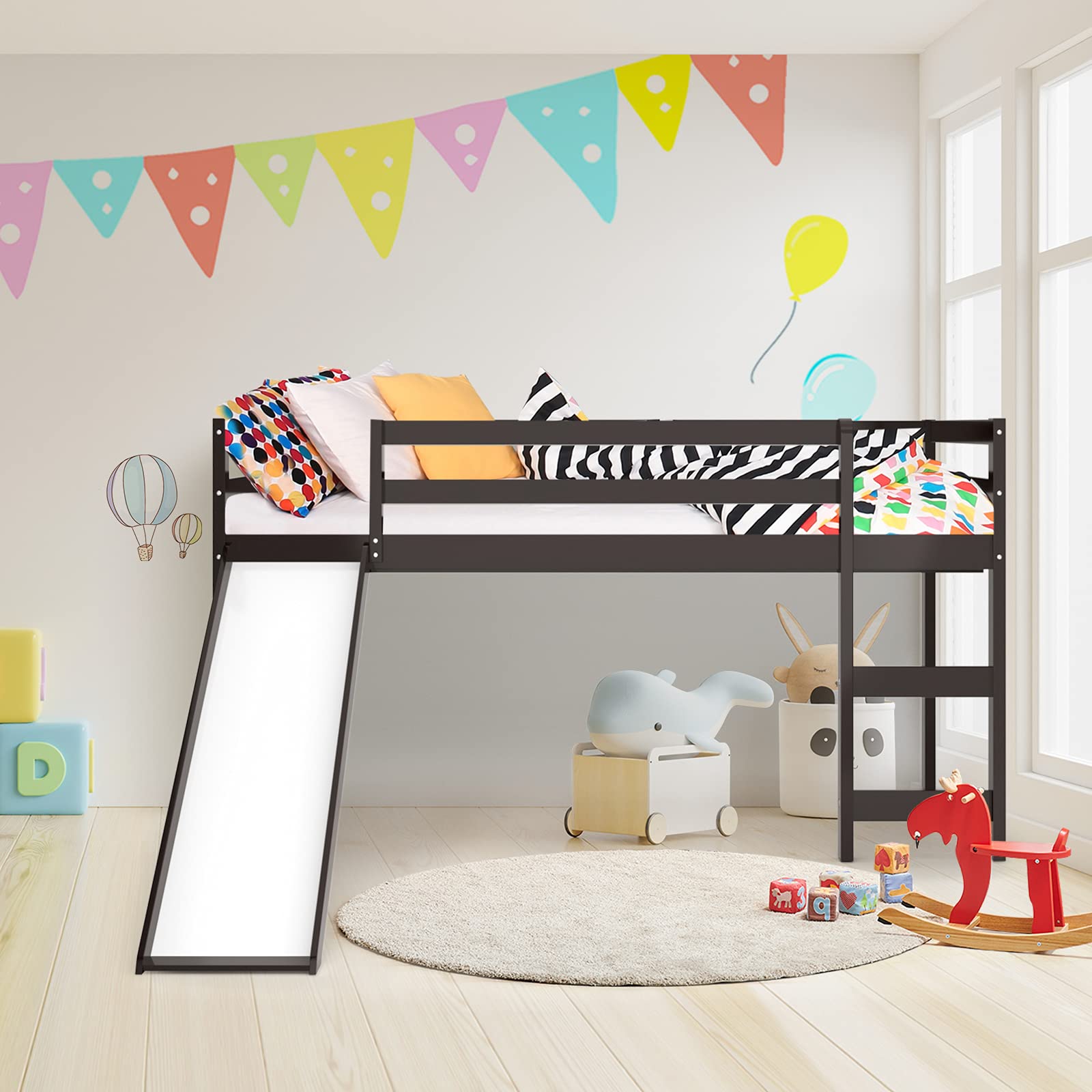 KOTEK Twin Loft Bed with Slide - Wooden Low Loft Bed for Kids with Ladder, Safety Guard Rail & Slats - Espresso Finish - Perfect for Small Bedrooms, Playrooms & Kids' Sleepovers