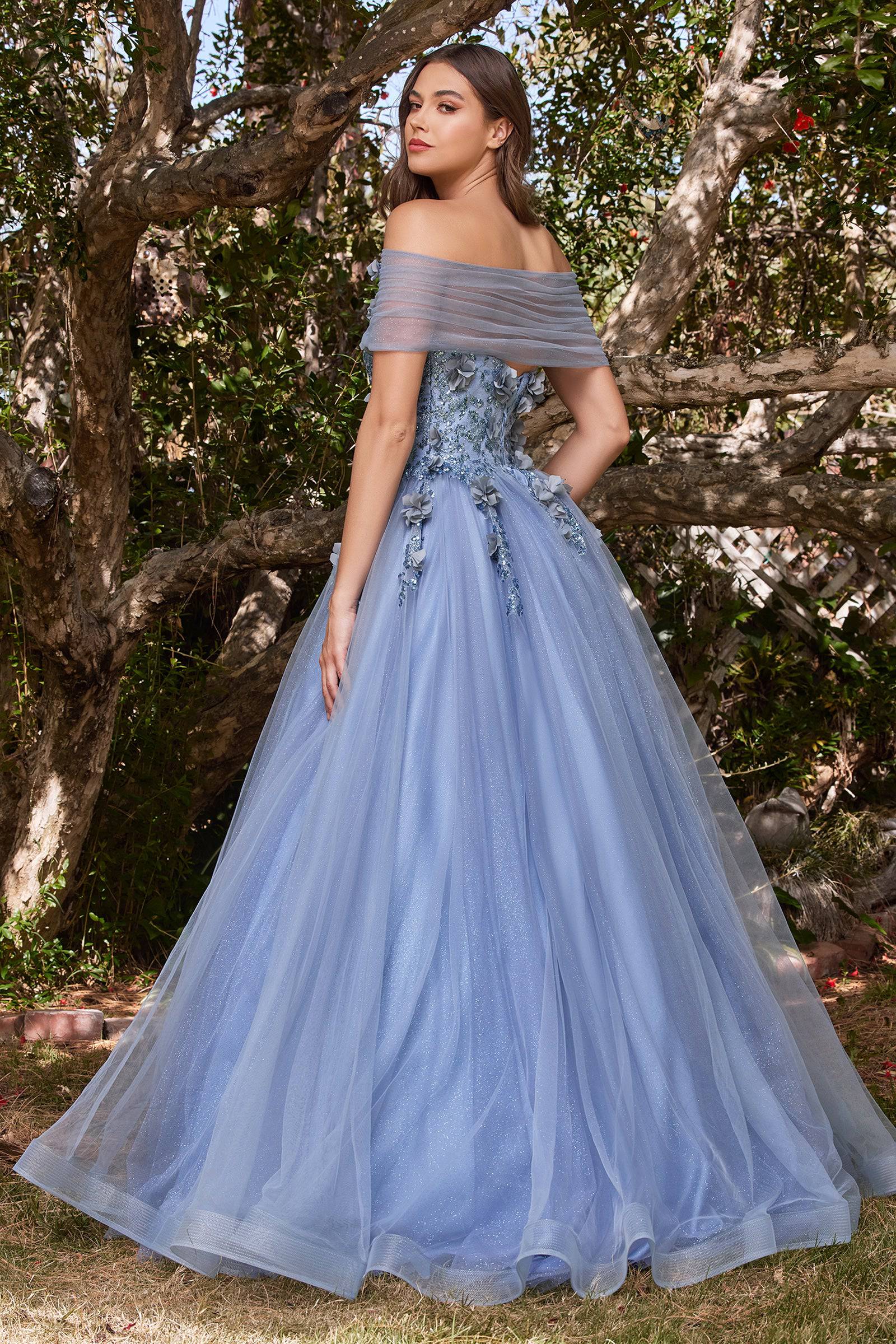 Cinderella Divine CD955 Floral Off Shoulder Shimmering Tulle Ball Gown - Elegant Prom Dress for Women, Sparkling Evening Gown for Weddings, Parties & Special Occasions