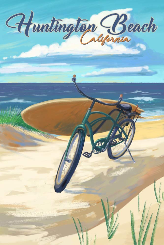 California Beach Cruiser - Huntington Beach Travel Poster (36x54 Giclee Gallery Print) - Perfect for Coastal Home Decor & Surfing Enthusiast Gifts