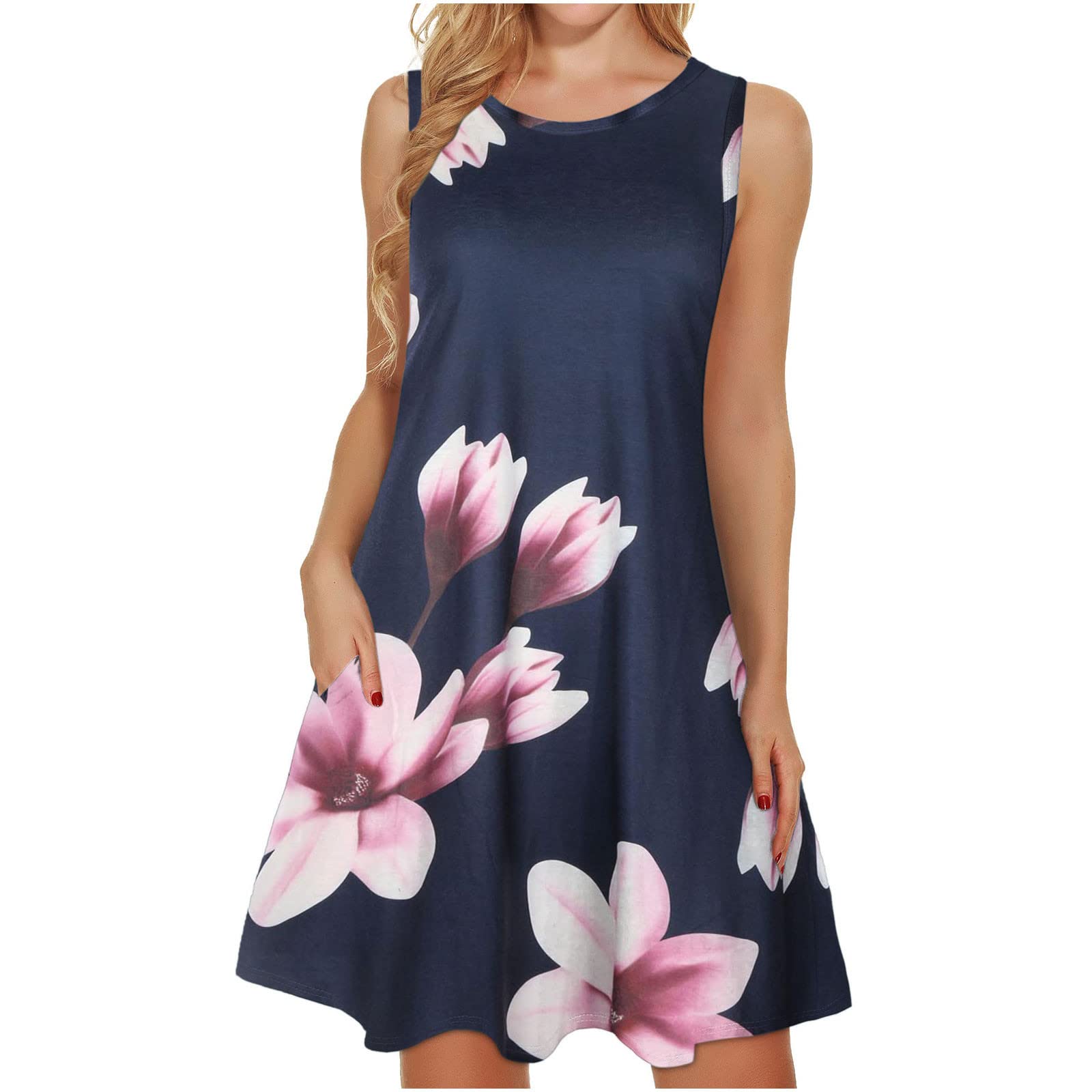 Women's Floral Printed Sleeveless Sundress - Summer Comfy Casual Loose Tank Dress with Round Neck | Perfect for Beach Vacations, Picnics & Summer Outings