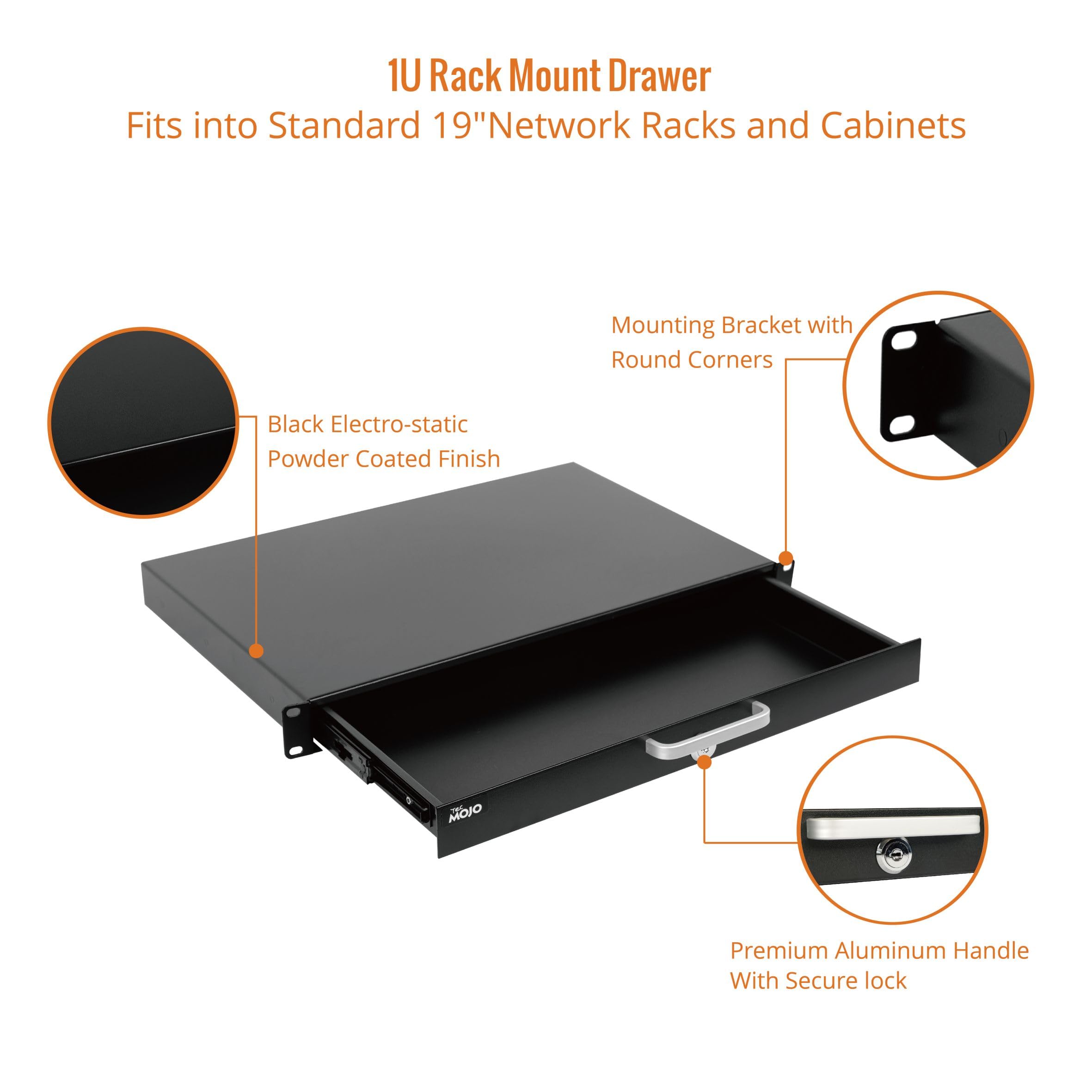 Tecmojo 1U Rack Mount Drawer for 19in Server Rack - Heavy Duty Sliding & Lockable Network Equipment Drawer with Cable Management Holes (22lb Capacity) - Perfect for Data Centers, Home Servers & AV Installations