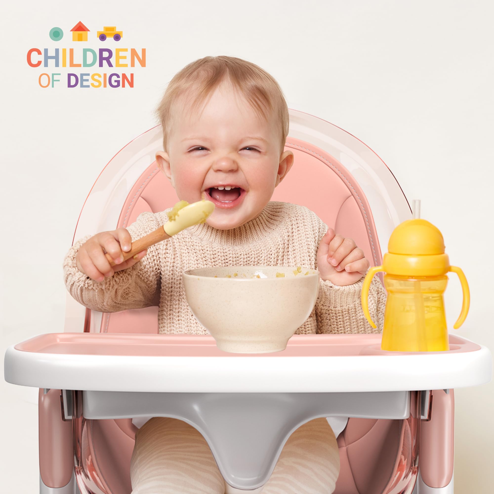 **6-in-1 Deluxe Wooden High Chair for Babies & Toddlers – Modern, Safe & Compact Baby Highchair with Removable Tray & Cushion – Easy to Clean – 6 Options, 3 Seat Positions, 2 Heights – Perfect for Dining, Feeding & Playtime (Pink)**